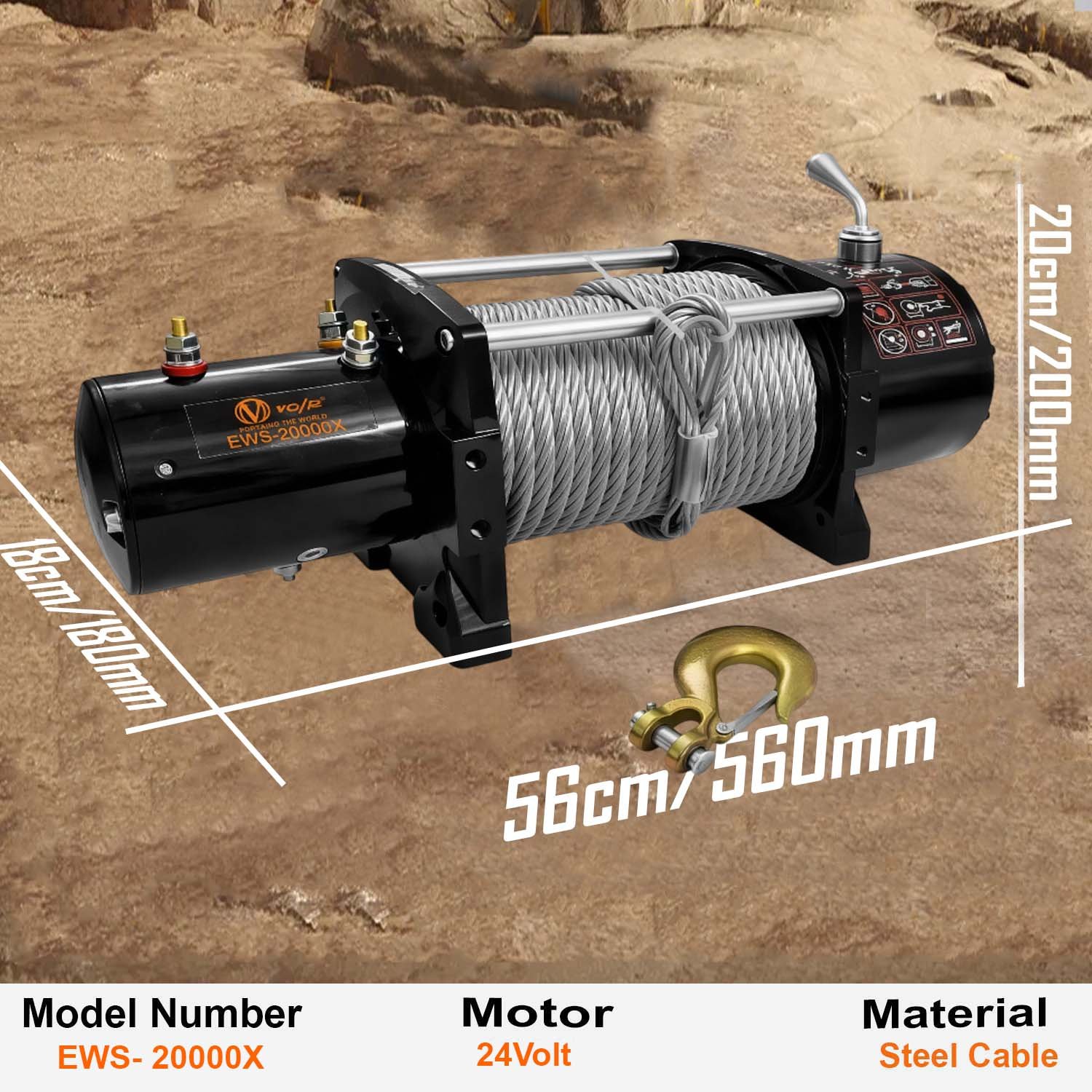 VOLTZ EWS-20000U 24v Electric winch with steel rope (9090kgs) single line, battery-operated Remote control winch Cable (11.5M/26mm) alloy steel