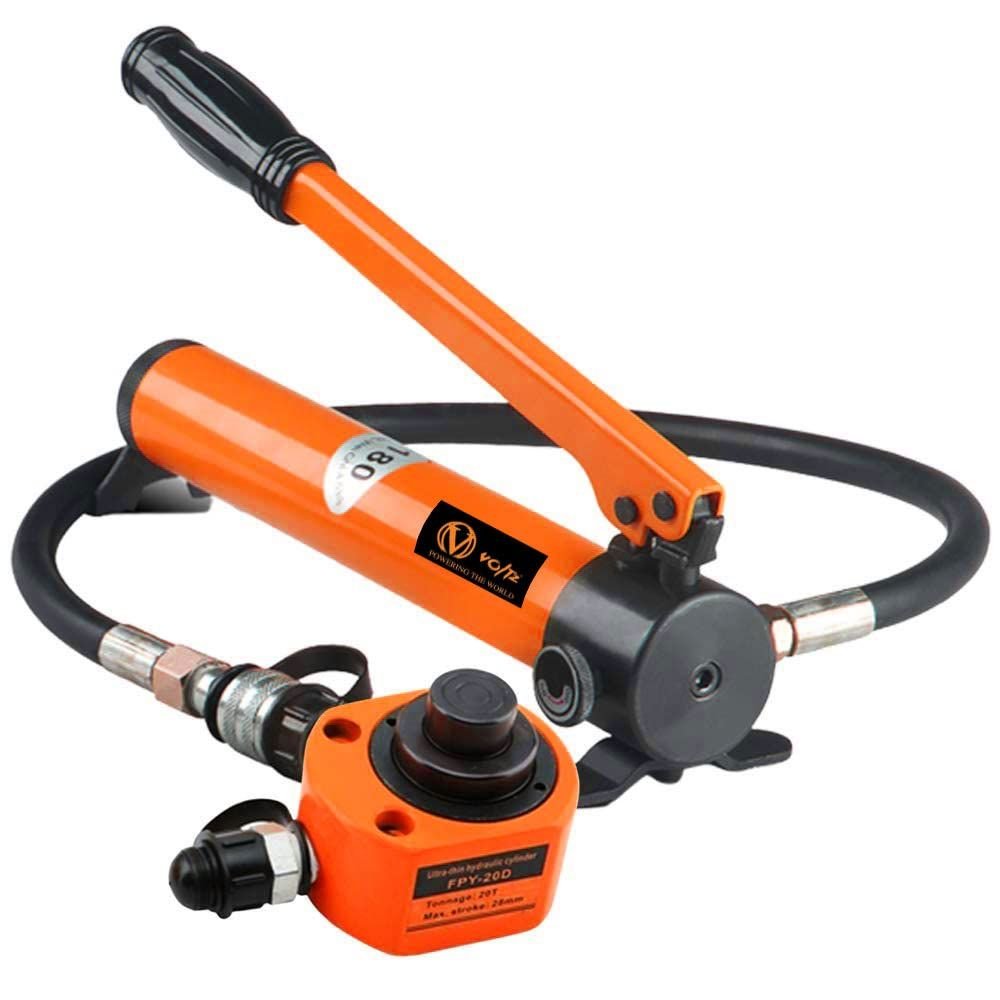 VOLTZ FPY-20D180 Hydraulic Cylinder 20 T Hydraulic Jack with CP 180 Hand Pump Low Profile Hydraulic Jack Cylinder + Hand Pump Stoke Mini Protable Hydraulic Ram Industrial Thin Lifting Jack, not for Car