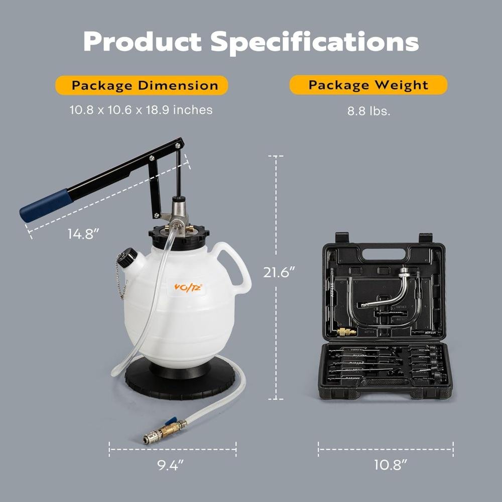 VOLTZ VZ-9023 7.5L Pneumatic brake fluid bleeder kit ATF Oil Change Tool Manual ATF Refill System Dispenser Auto Transmission Fluid Oil and Liquid Filler Pump Kit with ATF Filler Adapters