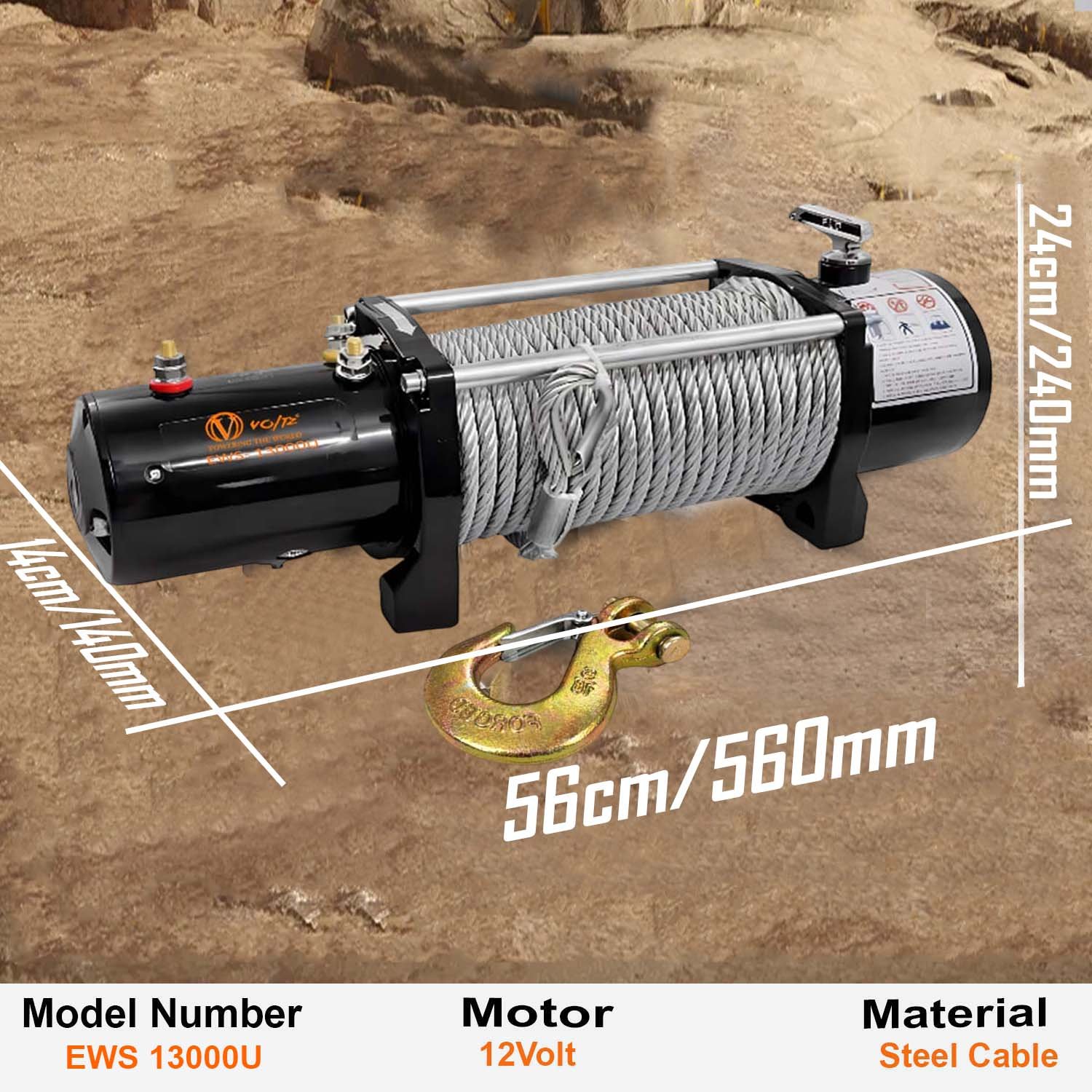 VOLTZ EWS-13000U 12v Electric winch with steel rope (5443kg) single line, battery-operated Remote control winch Cable (27M/9.5mm) alloy steel