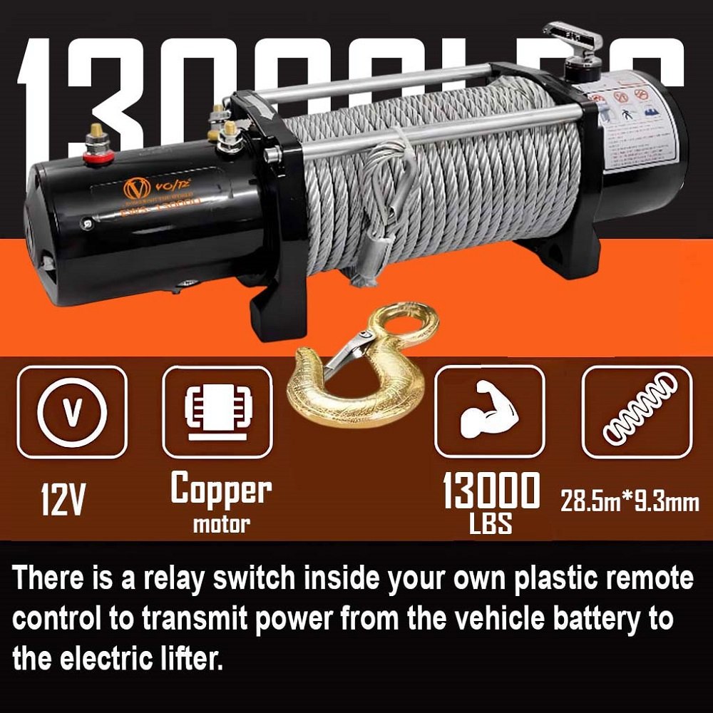 VOLTZ EWS-13000U 12v Electric winch with steel rope (5443kg) single line, battery-operated Remote control winch Cable (27M/9.5mm) alloy steel