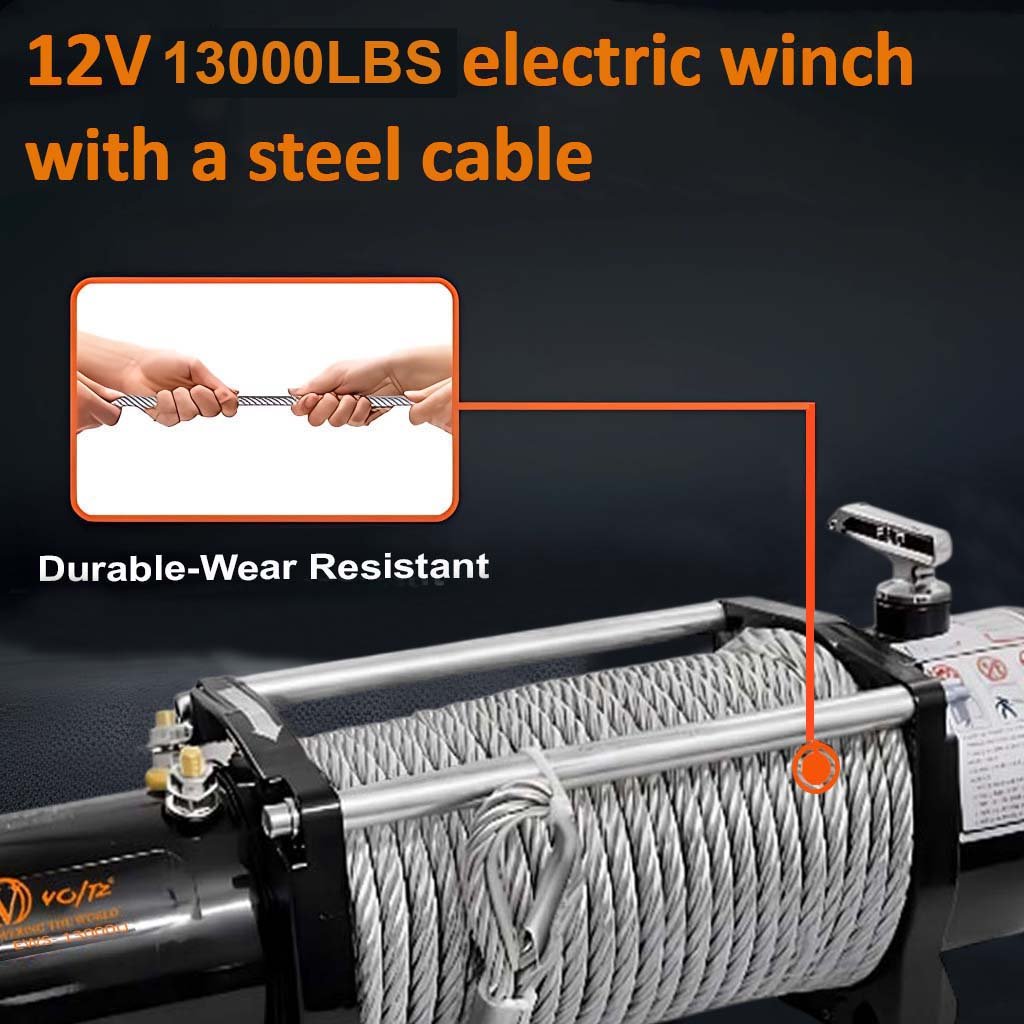 VOLTZ EWS-13000U 12v Electric winch with steel rope (5443kg) single line, battery-operated Remote control winch Cable (27M/9.5mm) alloy steel