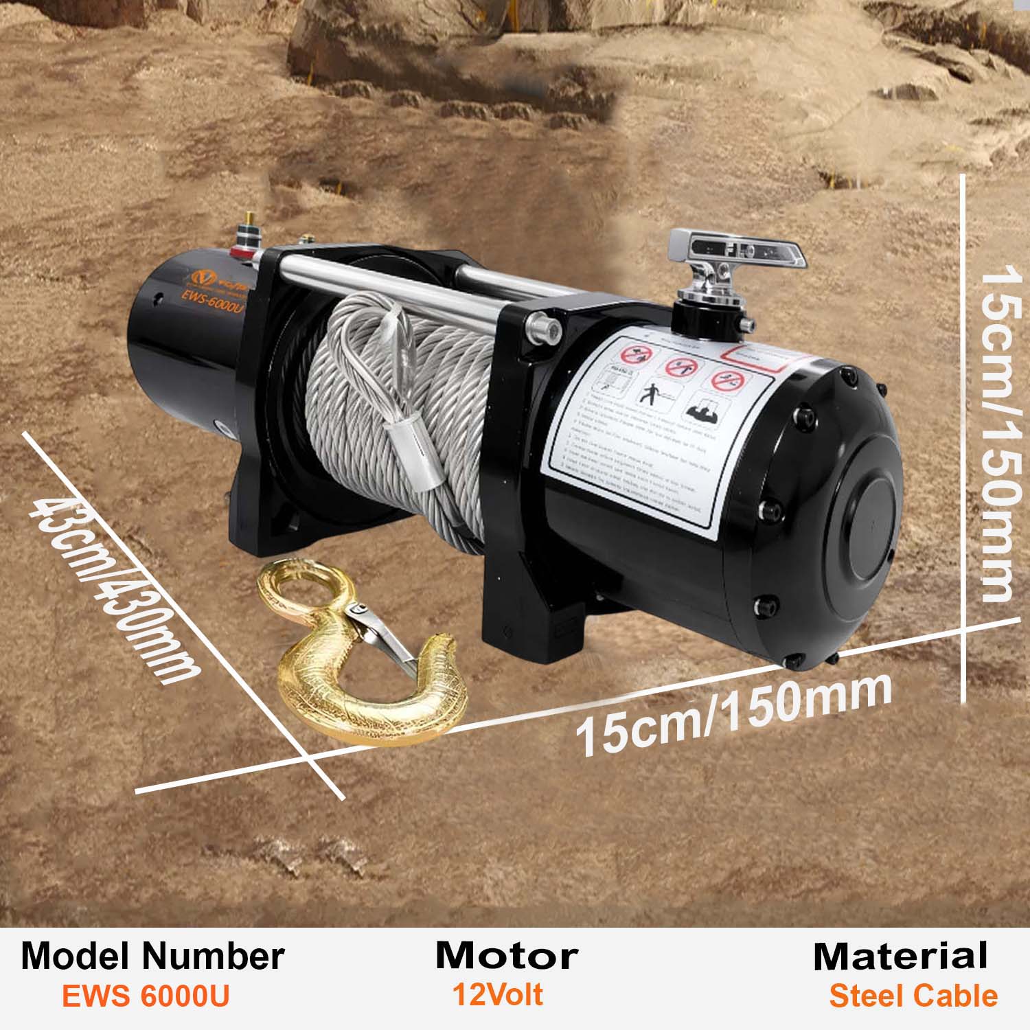 VOLTZ EWS-6000U 12V Electric winch with steel rope (2722kg) single line, battery-operated Remote control winch Cable (24M)/7.2mm alloy steel