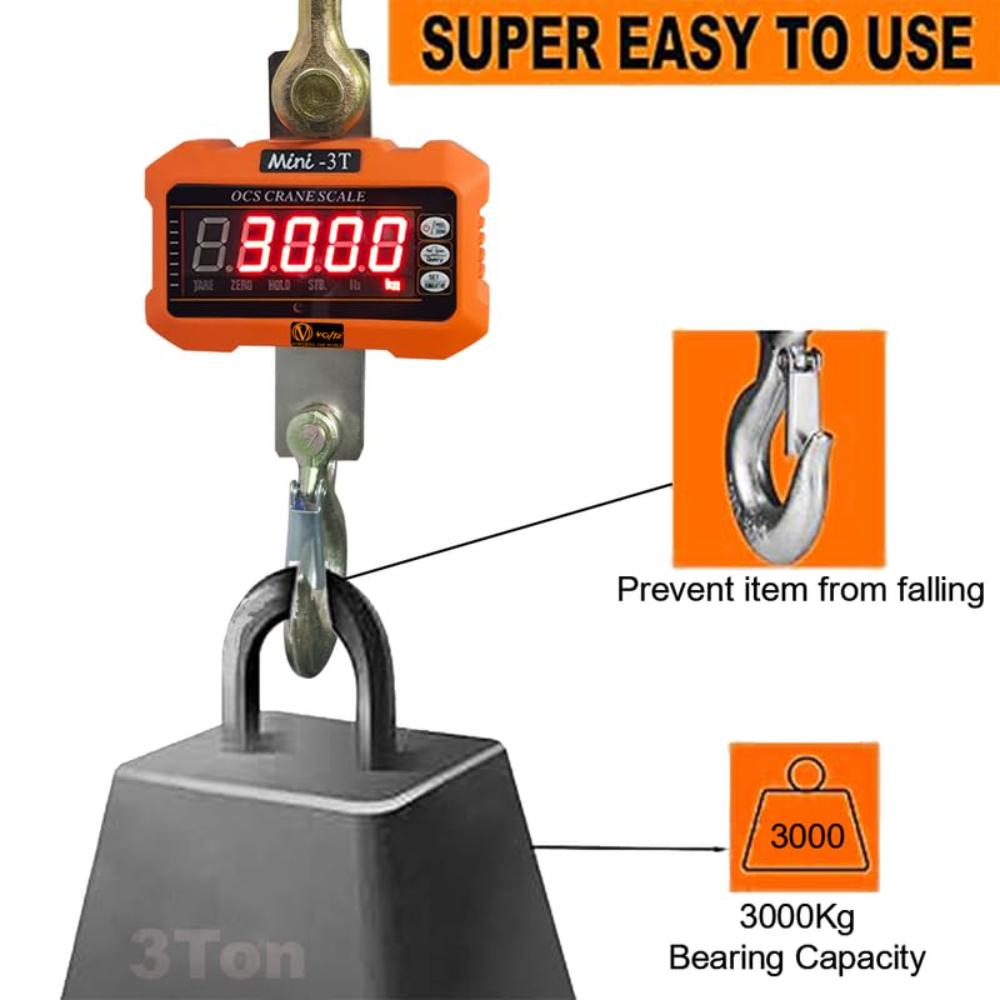 VOLTZ 3 Ton Mini Crane Scale, Hanging Scale Industrial Light Duty, Digital Crane Scale with Remote Control, Hardened Nylon case & LED Screen, 6600 lbs/3000 kg,High Precision for Construction
