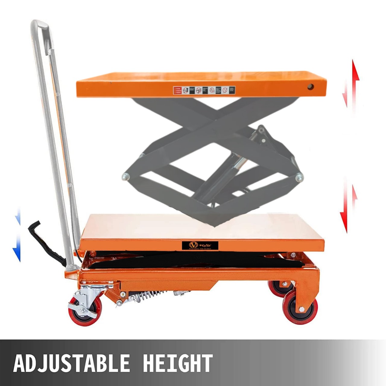 VOLTZ 1000Kg Hydraulic Lift Trolley Max Height 1700 mm Manual Scissor Lift Table w/ 4 Wheels and Foot Pump, Elevating Hydraulic Cart for Material Handling, Orange