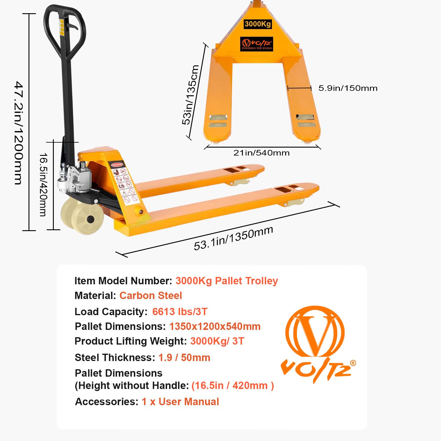 VOLTZ PT-3 Ton Hydraulic Hand Pallet Truck 3000kg Lift Height 200mm, Fork Size 1350x540x12000mm Heavy Duty 3 Stage Lever Manual Use for Warehouse, Factory Operations