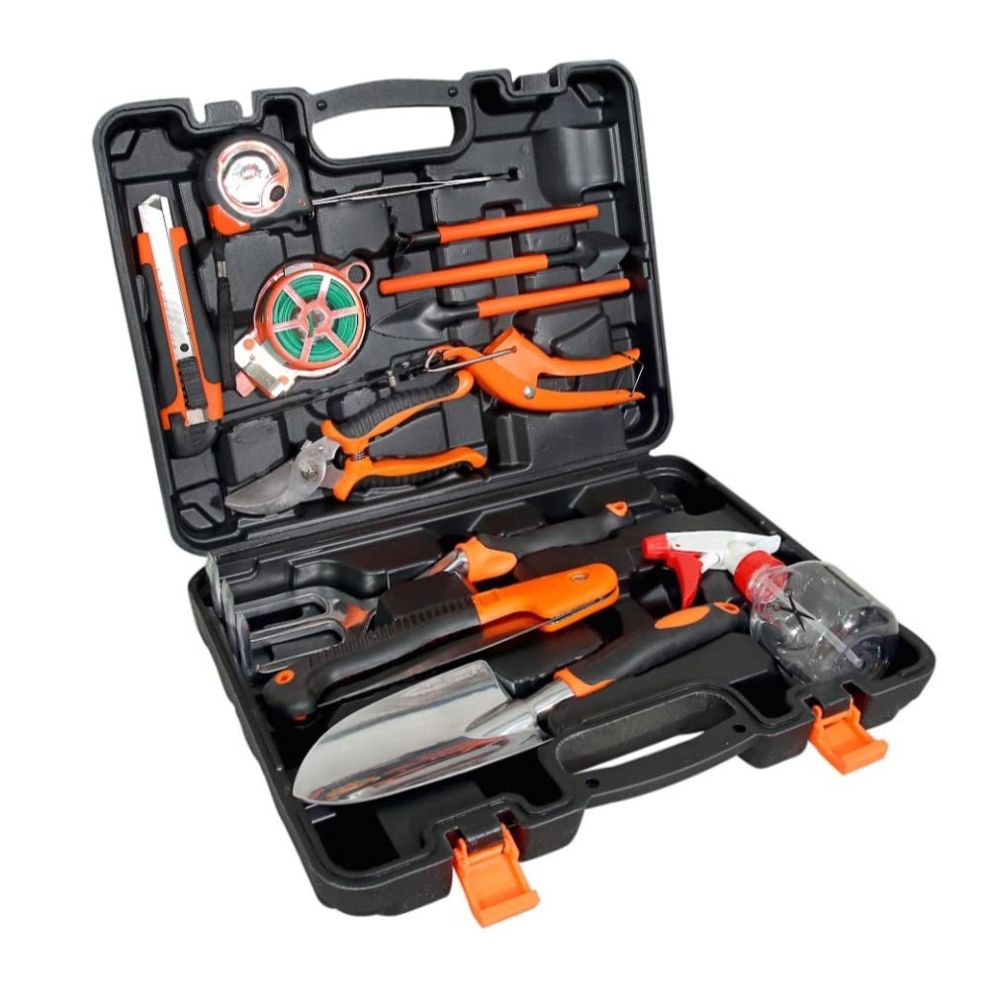 VOLTZ VZ-TK-14 Home Tool Set 14 Pcs Gardening Tools Heavy Duty Aluminum Garden Hand Tools with Storage Box, Ergonomic Handle Shovel Trowel Rake Weeder Shear Sprayer, Gardening Gift for Men & Women