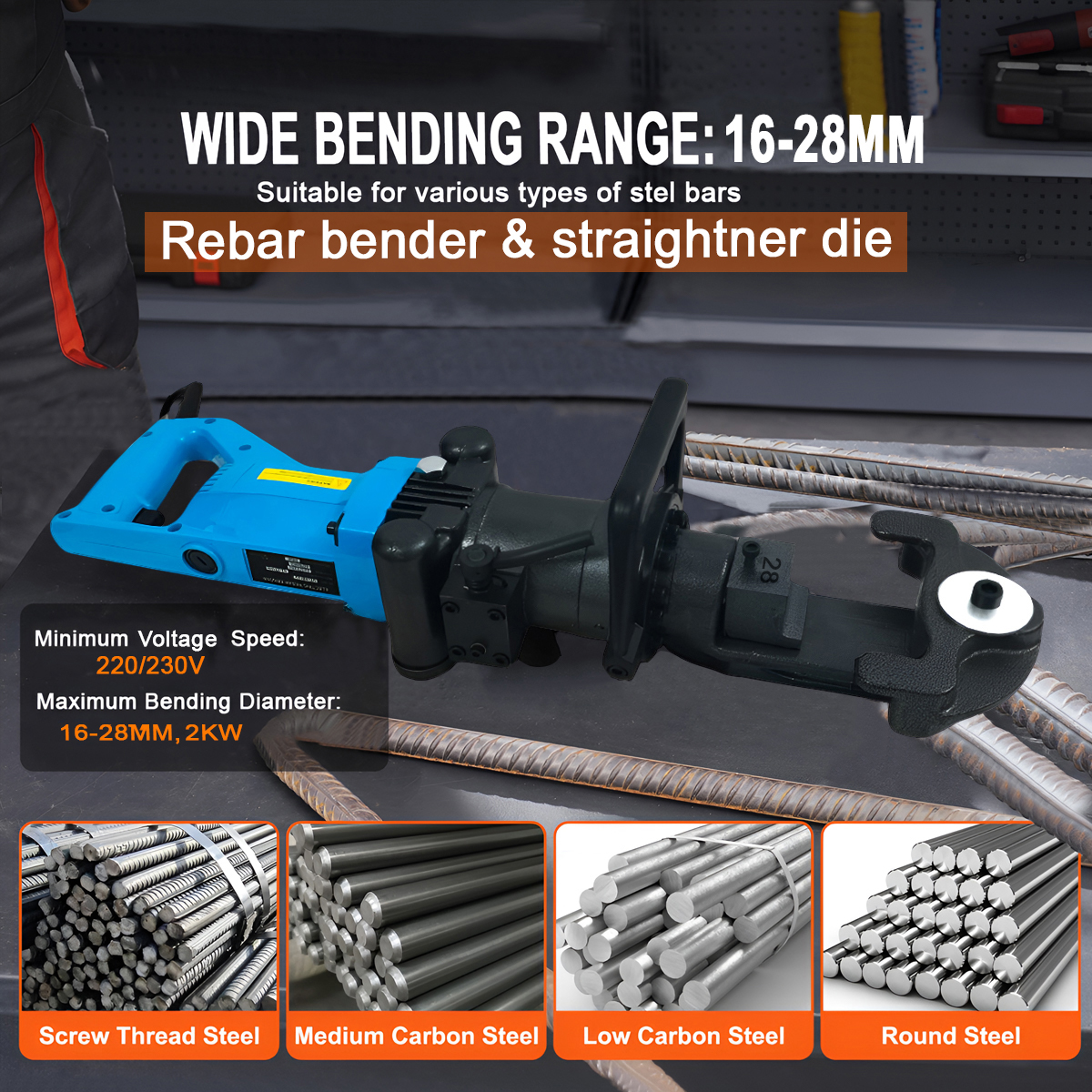 VOLTZ RB-28 Hydraulic Rebar Benders & Straightener 220V, 16-28 MM Hand Hold Portable Rebar Bender, Bar Bending Machine for Rebar, Steel Bar, Steel Rod