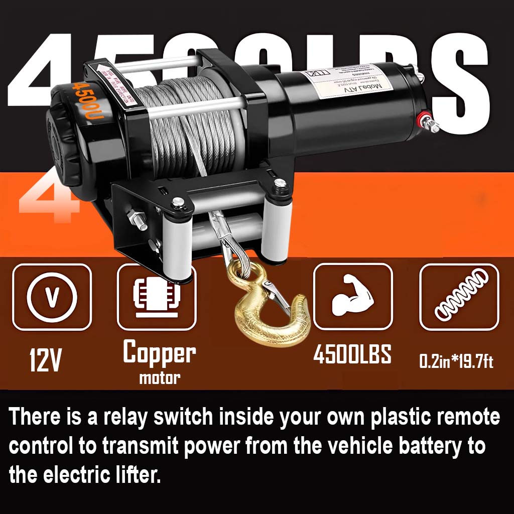 VOLTZ VZ-4500LBS 12V Electric winch with steel rope (2041kg) single line, battery-operated Remote control Cable (10M)/5.3mm alloy steel