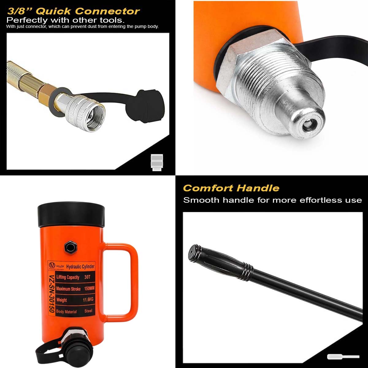 VOLTZ VZ-SN-30150 Hydraulic Lifting Jack with CP-700 Hydraulic Pump Single Acting Lock Nut lifting Stroke 150MM Lift Cylinder Jack Solid 30TON (6inch)