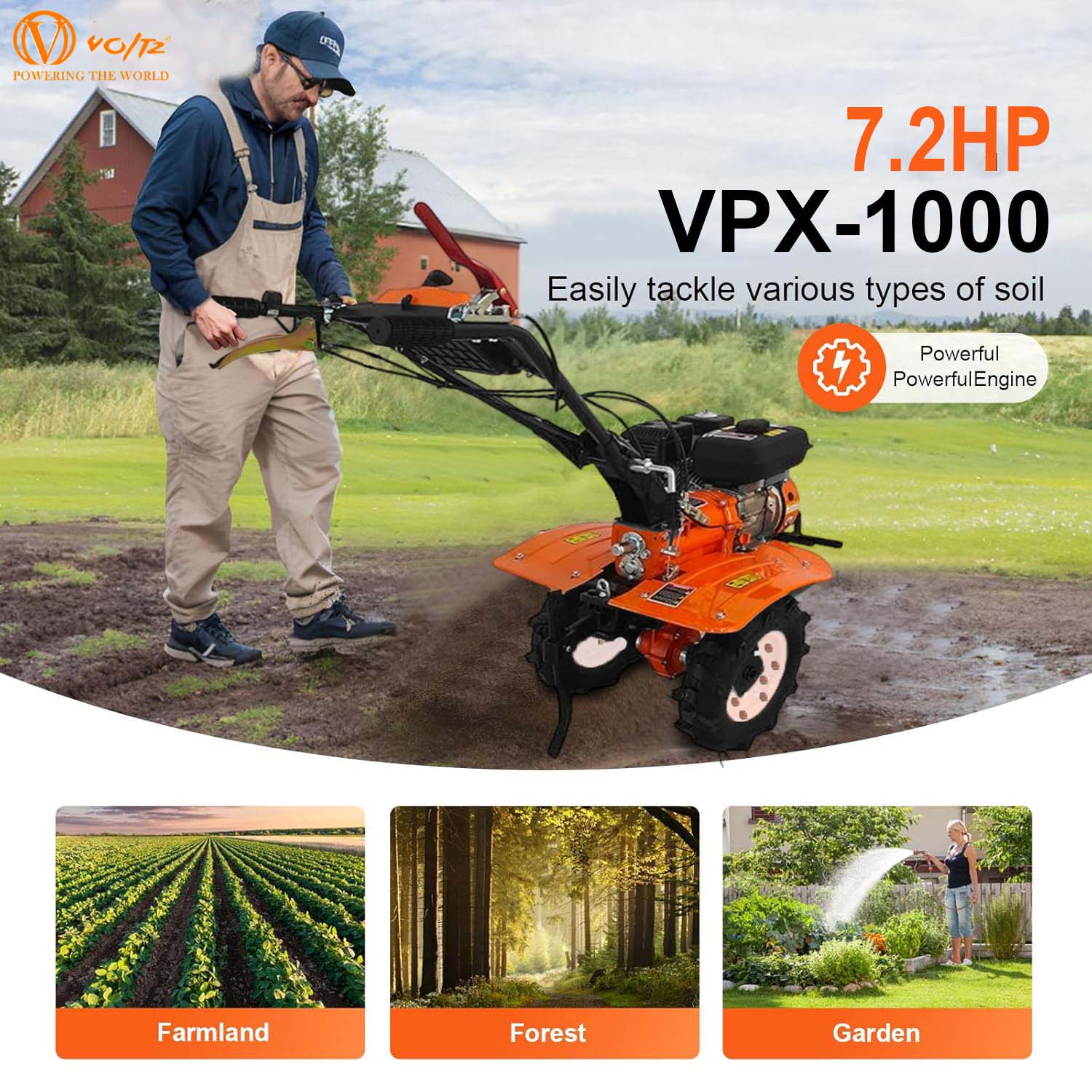 VOLTZ 4 Stroke Agriculture Cultivator VPX-1000 Heavy Duty 7Hp Petrol Engine with High Metal 32 Blades set 3600Rpm Mini Rotavator, Tiller, Weeder Ideal for All Types of Agriculture Crops