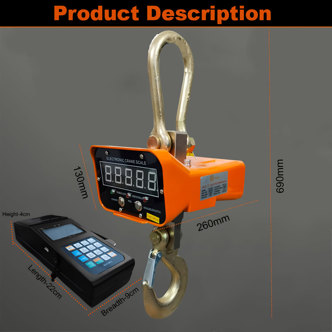 VOLTZ VZ-CS 10 Ton Digital Scale With YTK-1100 Handheld Data Printing Instrument 22000lb/10000Kg Digital Hanging Scale Industrial Heavy Duty Crane Scale with Remote Control