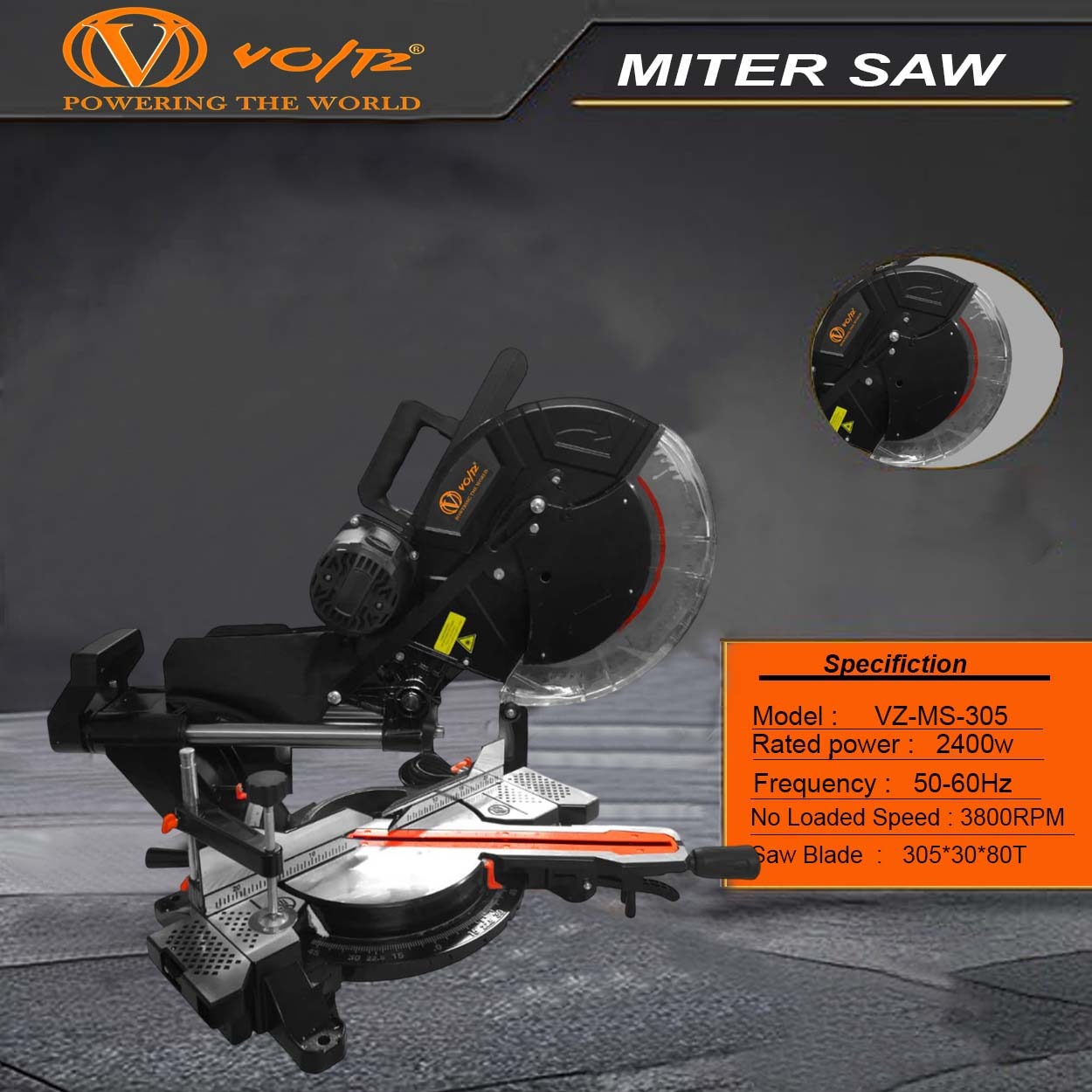 VOLTZ VZ-MS305 Miter Saw 2400W 12" with Dual Bevel Sliding Compound Miter Saw with Laser & Corded Electric LED Light 3800 RPM 305mm Blade Dia & 80T TCT Blade, Professional Mitersaw Ideal For Cutting Wood