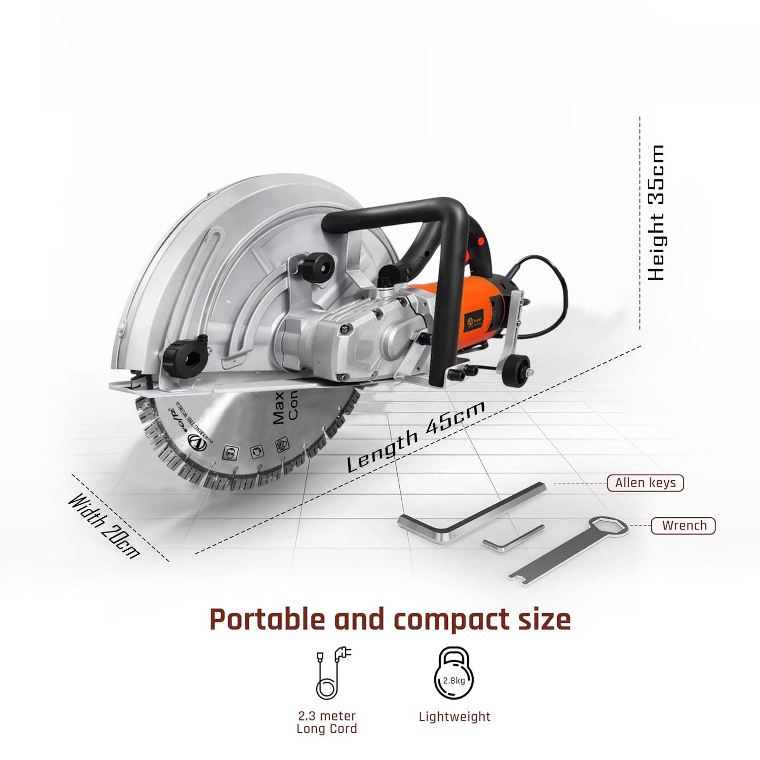 VOLTZ WC-400X Electric Wall Chaser 7200W | 15.7-Inch (400mm) Saw with Guide Roller, Water Line | 3800RPM, 155mm Depth Diamond Cutting Blade 220V Wall, Marble, Concrete Cutter Machine