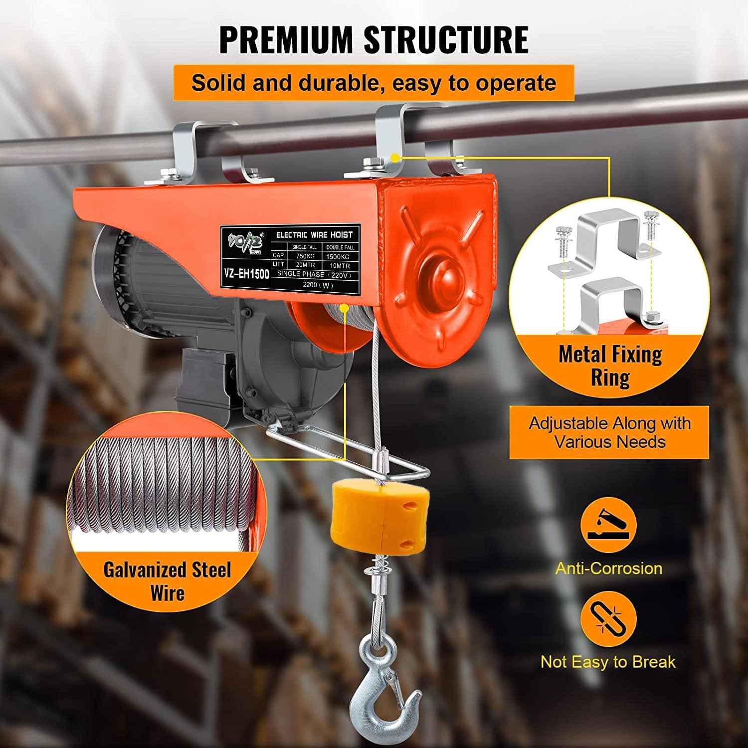 VOLTZ VZ-EH 1500 X 20mtr Mini Electric Hoist for Small Job Works and Domestic Use Single Phase, 1500 kg (Multicolour, PA 1500)
