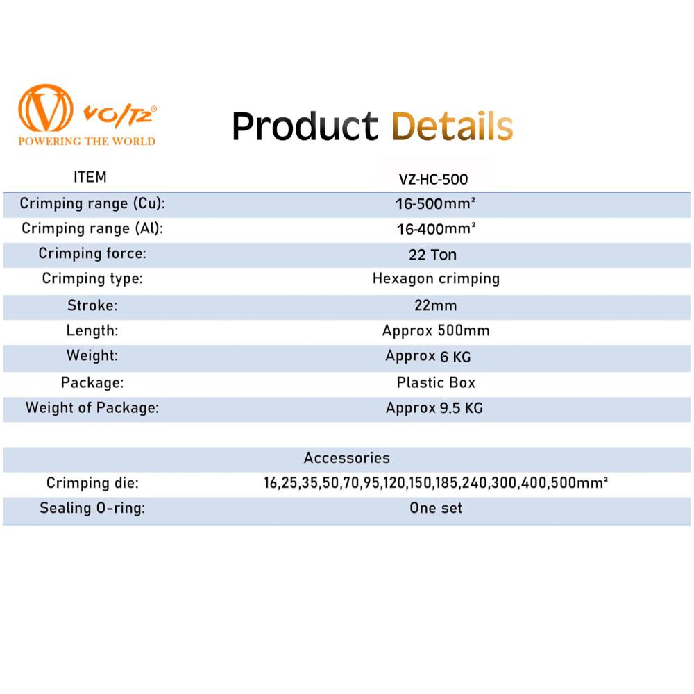 VOLTZ VZ-HC-500 16-500mm² CU  Hydraulic Crimping Tool, 22Ton Crimping Pressure Crimper for Copper and Aluminium Lugs Terminal New Manual Hydraulic Crimper