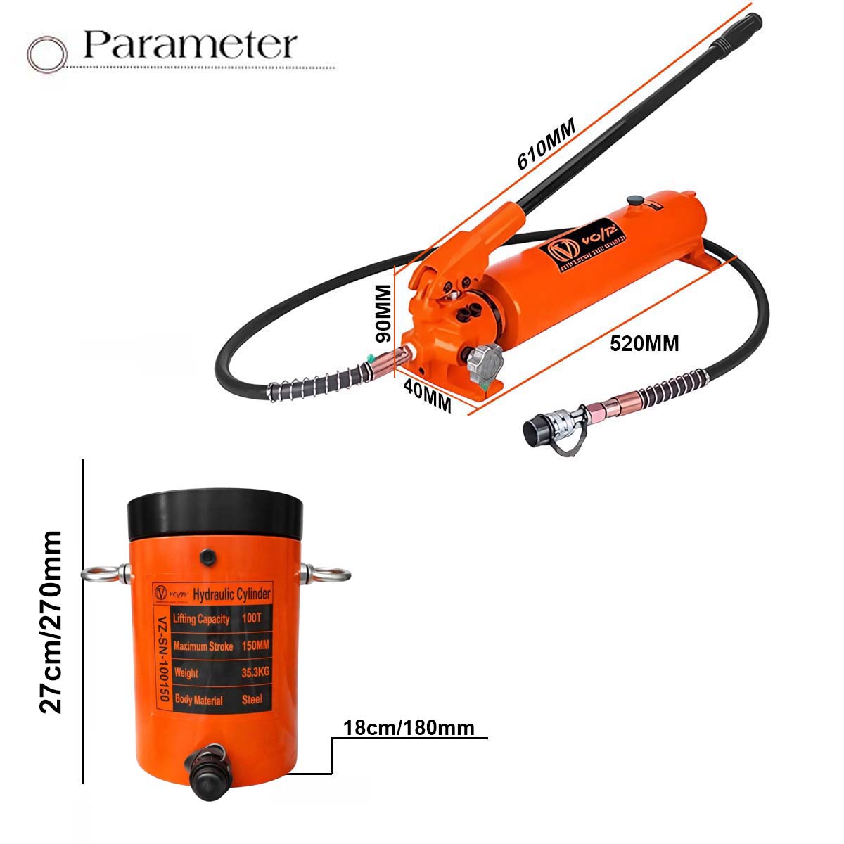 VOLTZ VZ-SN-100150 Hydraulic Lifting Jack with CP-700A Hydraulic Pump Single Acting Lock Nut lifting Stroke 150MM Lift Cylinder Jack Solid 100TON (6inch)