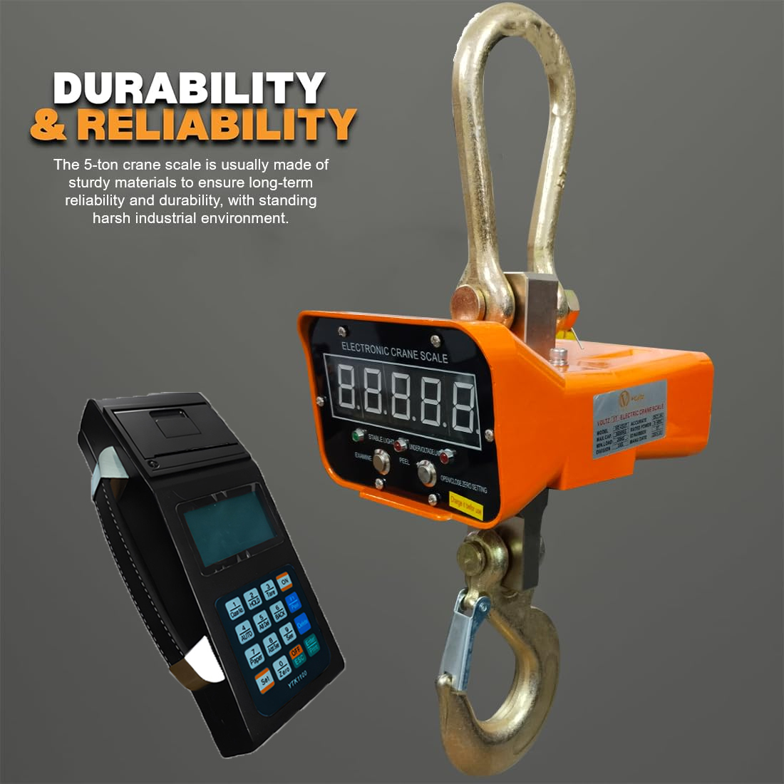 VOLTZ VZ-CS 5 Ton Digital Scale With YTK-1100 Handheld Data Printing Instrument 11000lb/5000Kg Digital Hanging Scale Industrial Heavy Duty Crane Scale with Remote Control