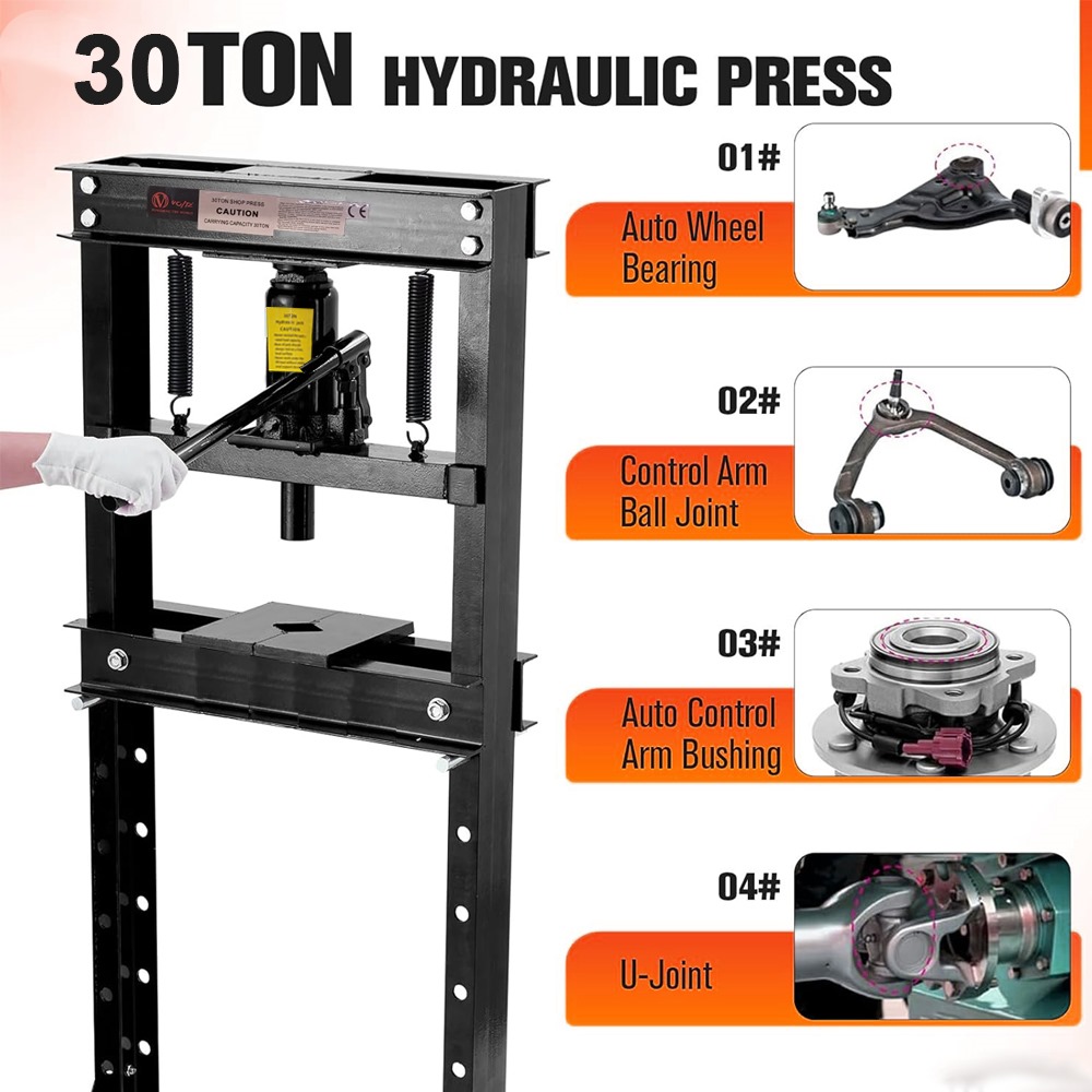 VOLTZ 30-Ton Hydraulic Shop Press Floor Press with Press Plates and H Frame is Load capacity 30 ton Gears and Bearings Overall height 60"