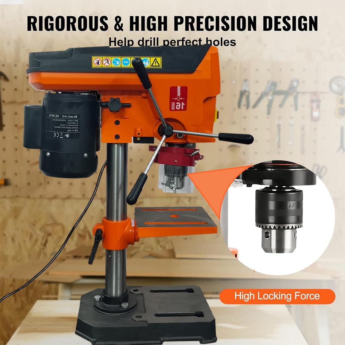 VOLTZ VZ-Dp16 1.8-Amp 8-Inch 9-Speed Cast Iron Bench Drill Machine Benchtop Drill Press For Wood Working With Led Light, Black/Orange(400W, 0.62 Inches)