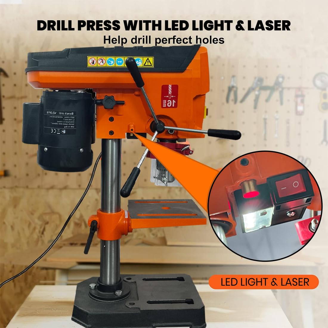 VOLTZ VZ-Dp16 1.8-Amp 8-Inch 9-Speed Cast Iron Bench Drill Machine Benchtop Drill Press For Wood Working With Led Light, Black/Orange(400W, 0.62 Inches)