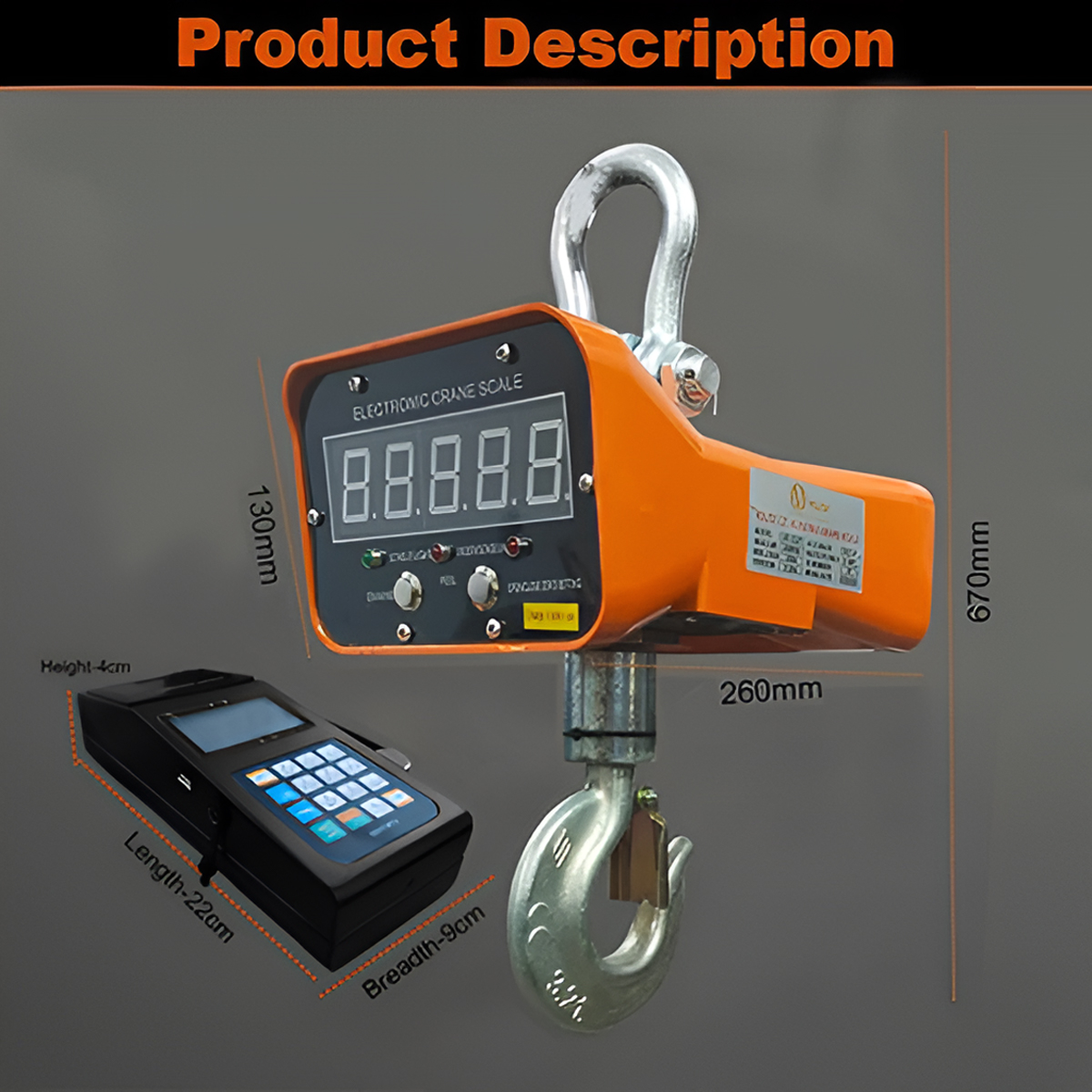 VOLTZ VZ-CS 5 Ton Digital Scale With YTK-1100 Handheld Data Printing Instrument 11000lb/5000Kg Digital Hanging Scale Industrial Heavy Duty Crane Scale with Remote Control