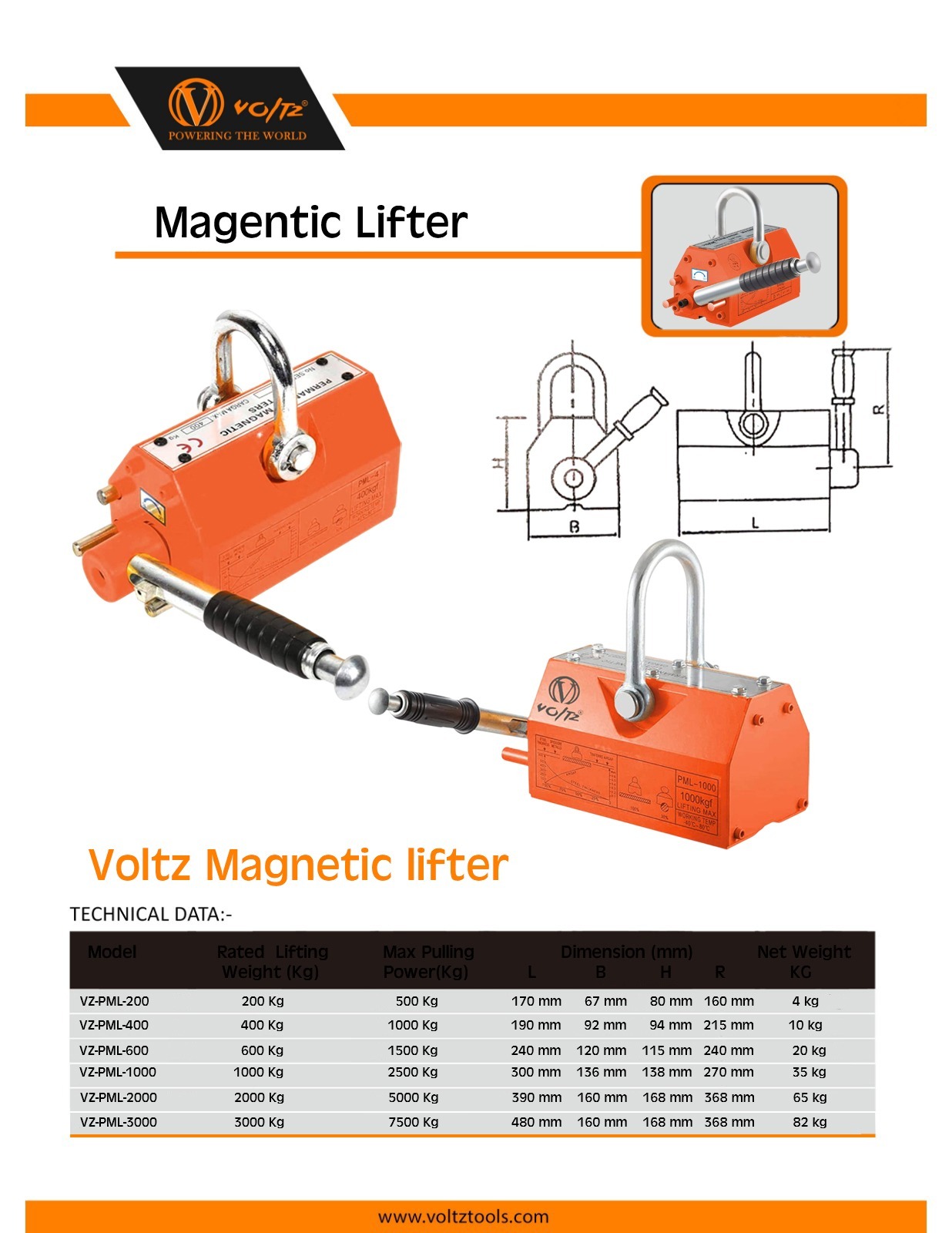 VOLTZ VZ-MPL-3Ton Permanent Magnetic Lifter (3000kg) Metal Plate and Cylinder Magnetic Lifting Crane Hoist Heavy Duty with Safety Lock Industrial Use