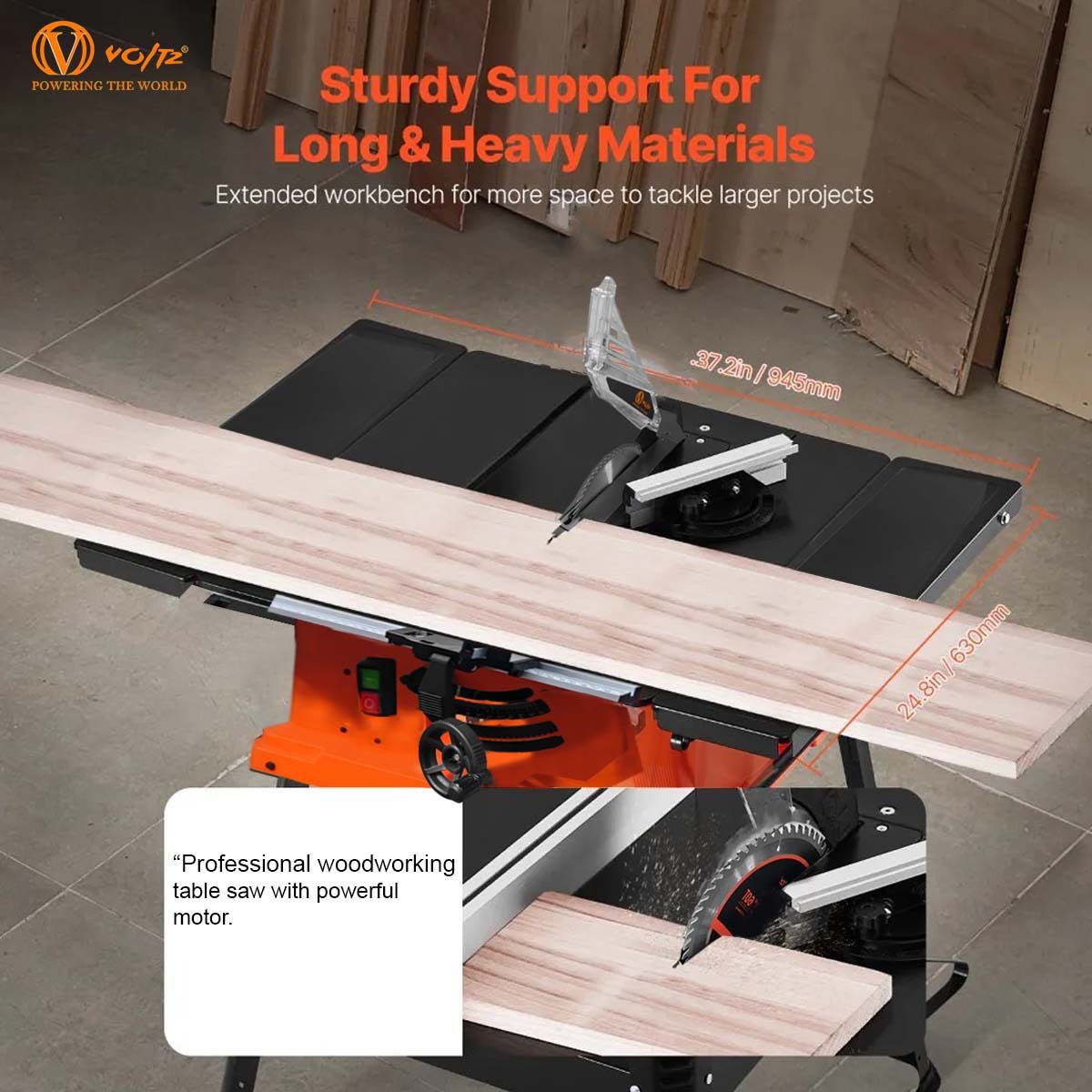VOLTZ VZ-WTS254 Electric Wood Table Saw 2400W Speed 5300RPM Portable Steel Body With Metal Stand & Sliding Miter Gauge Blade 254mm, 60T Table Saw