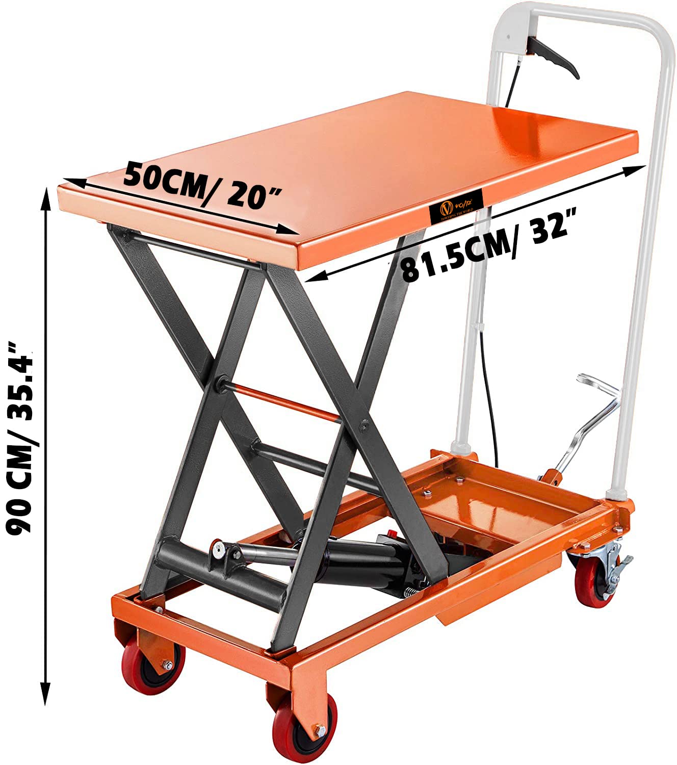 VOLTZ 300 Kg Hydraulic Lift Trolley Max. Height 900 mm Manual Scissor Lift Table w/ 4 Wheels and Foot Pump, Elevating Hydraulic Cart for Material Handling, Orange