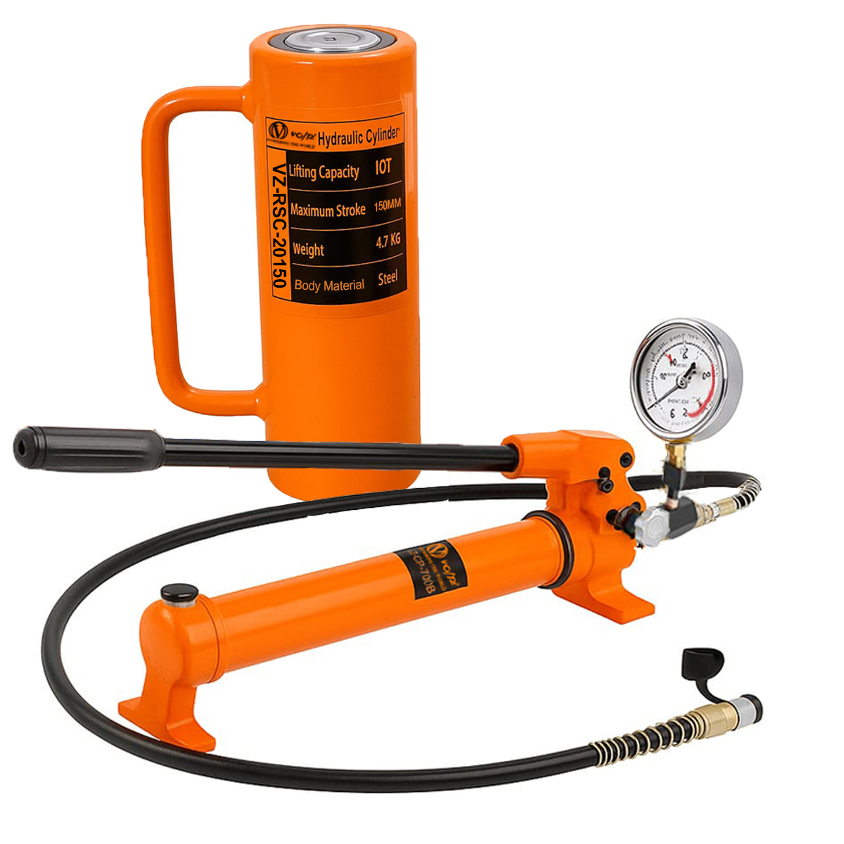 VOLTZ VZ-RSC-20150 Hydraulic Lifting Jack with CP-700B High Pressure Gauge Pump Single Acting Ram 150mm Lifting Hydraulic Cylinder Jack Solid with Hand Pump 20 TON (6inch)