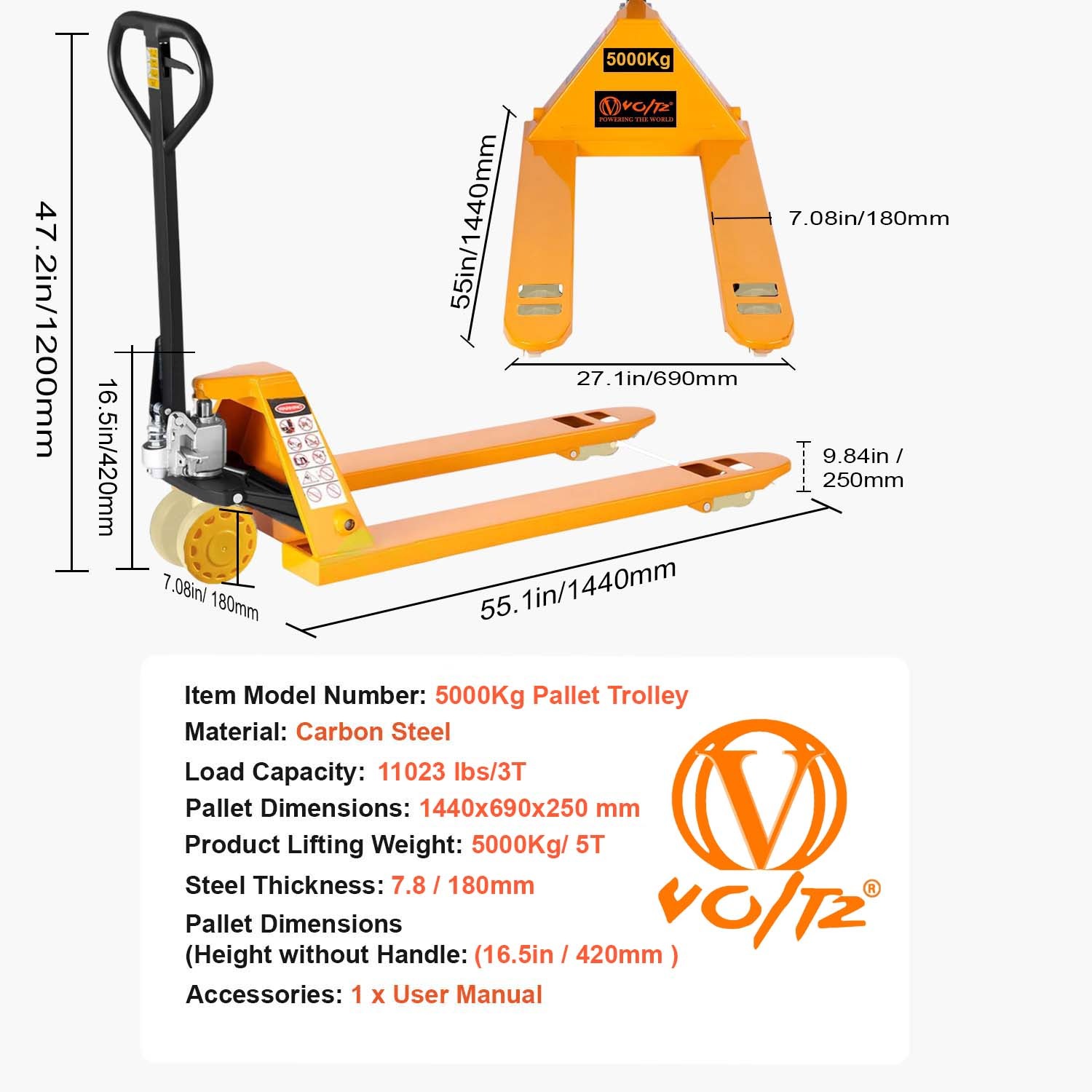 VOLTZ PT-5 Ton Hydraulic Hand Pallet Truck 5000kg Lift Height 250mm, Fork Size 1440x690x1200mm Heavy Duty 3 Stage Lever Manual Use for Warehouse, Factory Operations