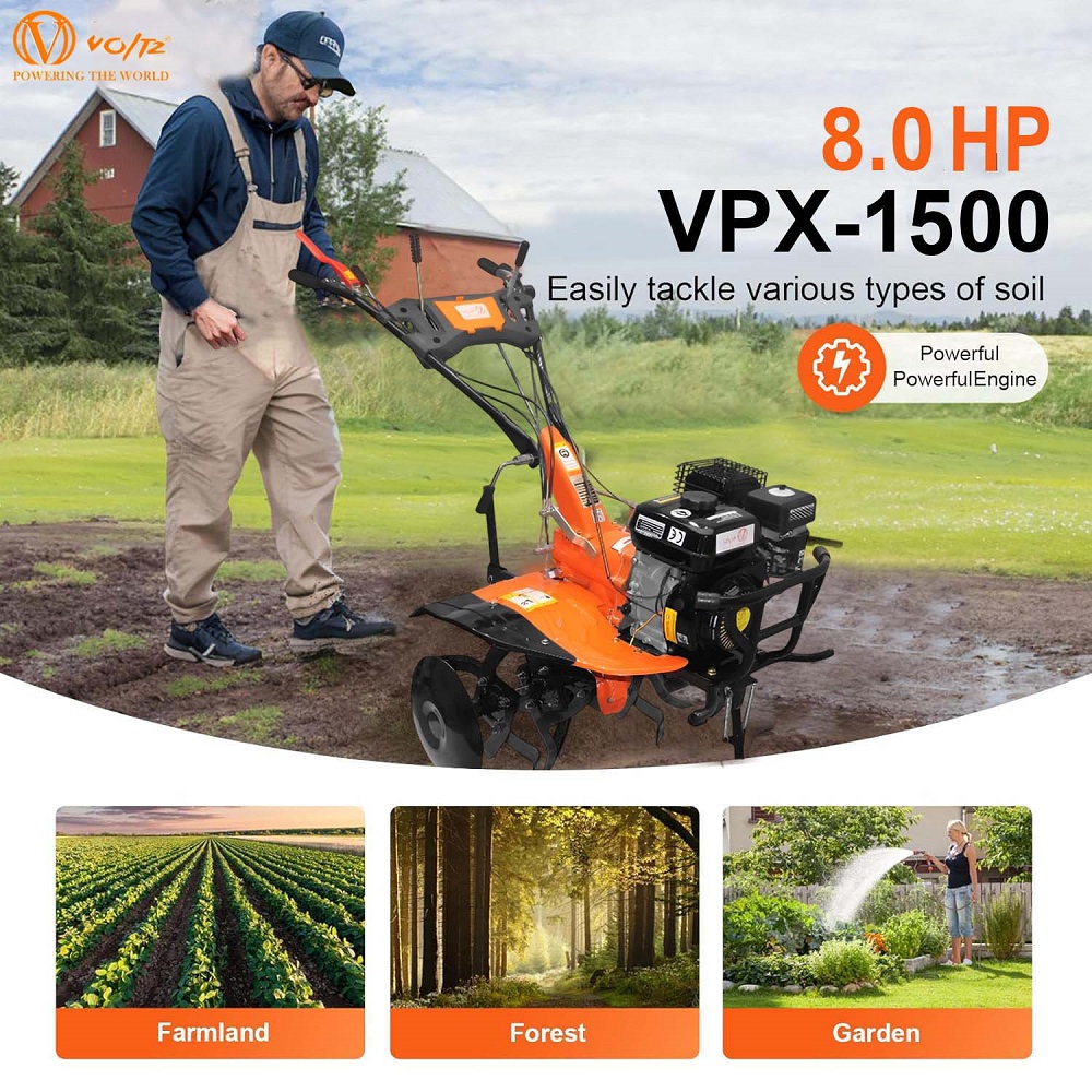 VOLTZ Agriculture Cultivator VPX-1500 Heavy Duty 8Hp Petrol Engine with High Metal 32 Blades Set 3600 RPM, 750ml/hr  Mini Rotavator, Tiller, Weeder Ideal for All Types of Agriculture Crops Machine