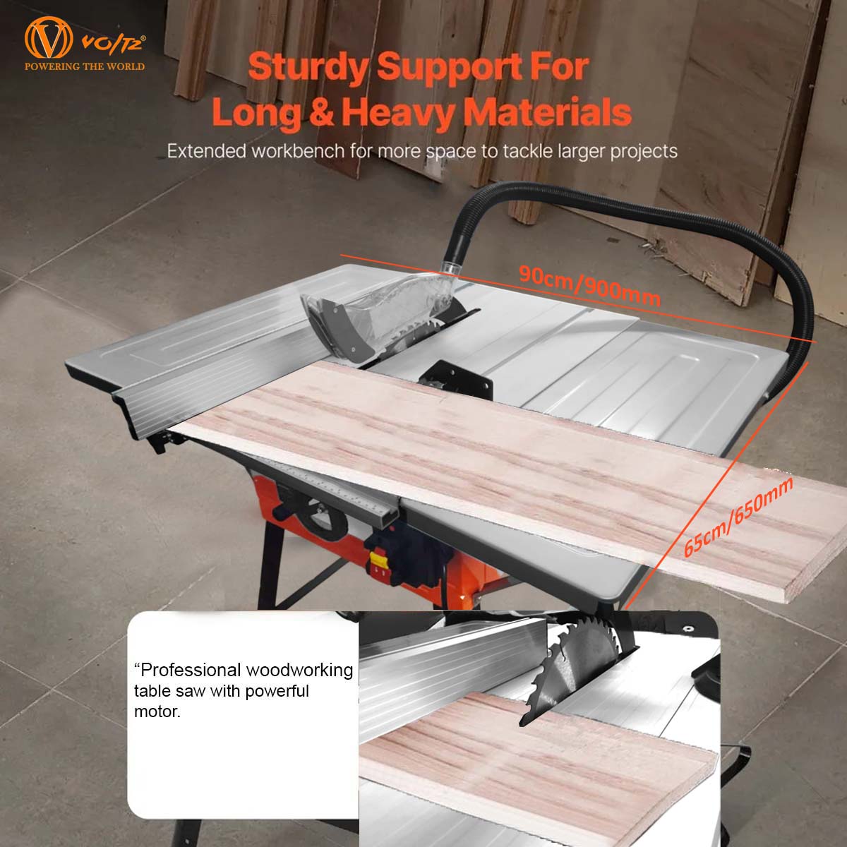VOLTZ WTS-250B Wood Table 1800W Speed 4500 RPM Portable Steel body Structure Table Saw With Metal Stand & Sliding Miter Gauge, Corded Electric table saw