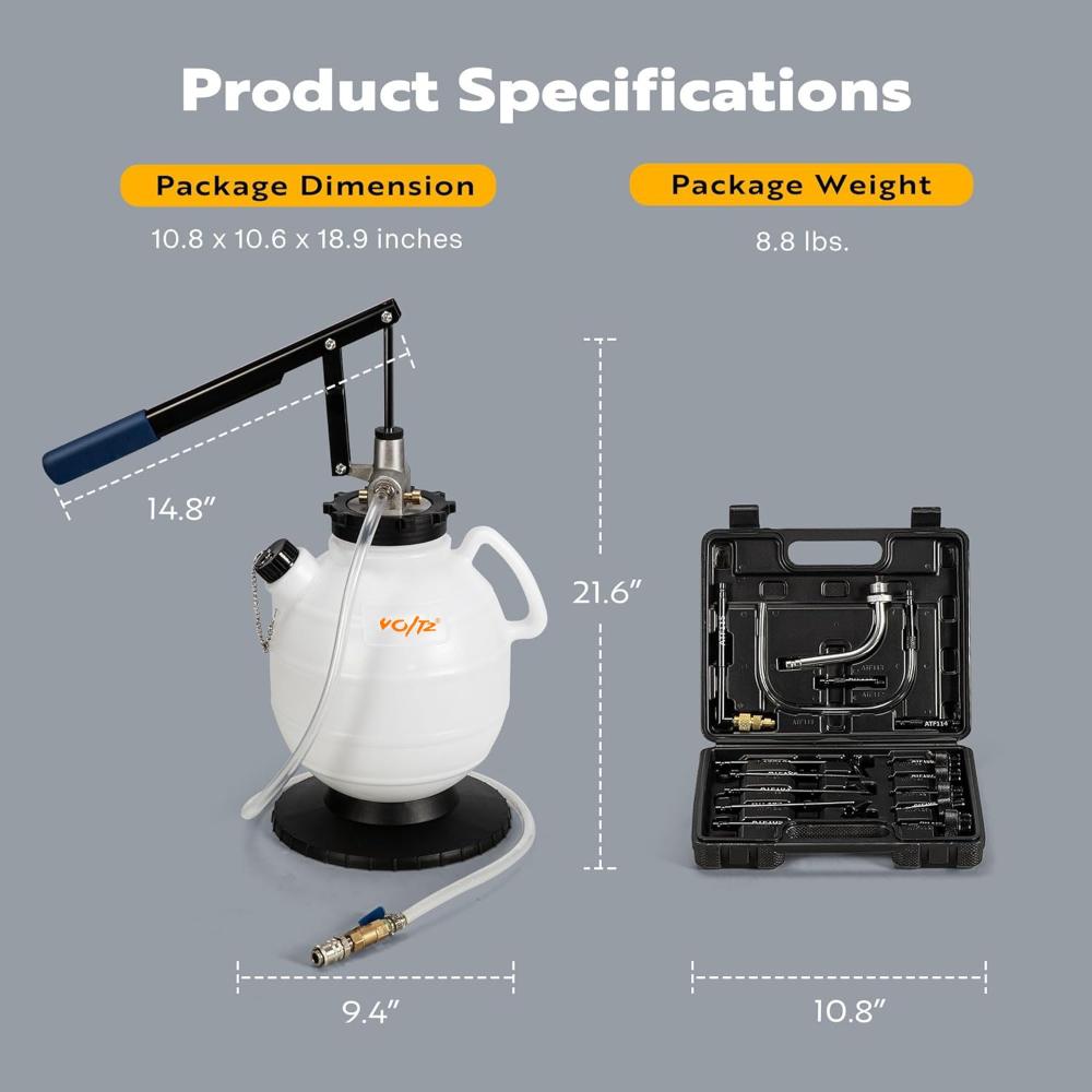 VOLTZ VZ-9023 7.5L Pneumatic brake fluid bleeder kit ATF Oil Change Tool Manual ATF Refill System Dispenser Auto Transmission Fluid Oil and Liquid Filler Pump Kit with ATF Filler Adapters