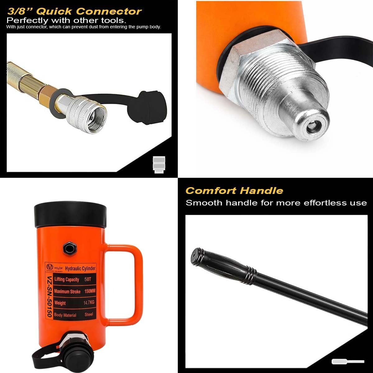 VOLTZ VZ-SN-50150 Hydraulic Lifting Jack with CP-700A Hydraulic Pump Single Acting Lock Nut lifting Stroke 150MM Lift Cylinder Jack Solid 50TON (6inch)