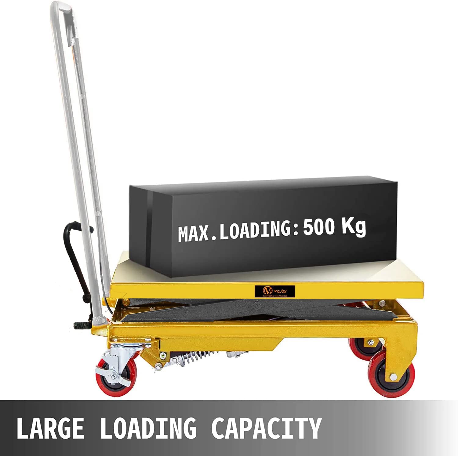 VOLTZ 500 Kg Hydraulic Lift Trolley Max. Height 1500 mm Manual Scissor Lift Table w/ 4 Wheels and Foot Pump, Elevating Hydraulic Cart for Material Handling, Yellow