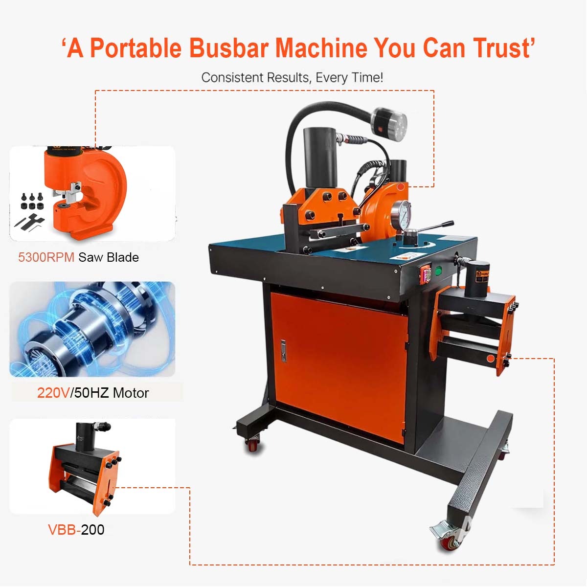VOLTZ VZB-200 Portable Busbar Processing Machines Ultra-High Pressure Hydraulic Pumps Single Phase 750W Multi-Functional 3 in 1 Carbon Steel, Alloy, Copper, Stainless Steel Cut/Punch/Banding Machine