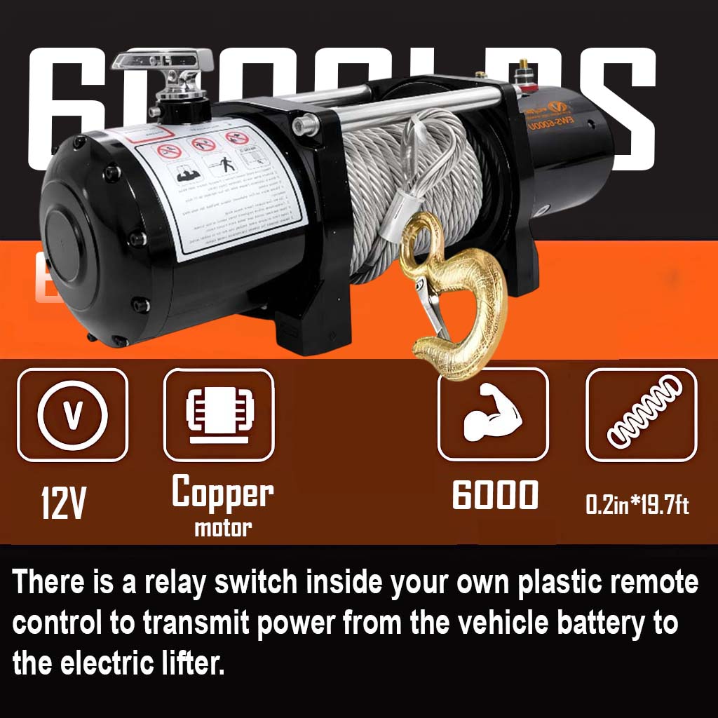 VOLTZ EWS-6000U 12V Electric winch with steel rope (2722kg) single line, battery-operated Remote control winch Cable (24M)/7.2mm alloy steel