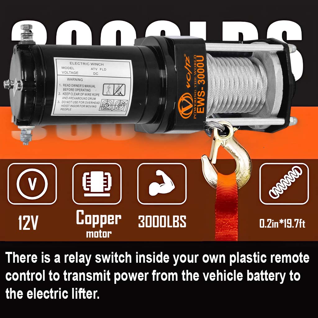 VOLTZ VZ-3000LBS 12V Electric winch with steel rope (1361kg) single line, battery-operated Remote control winch Cable (8M)/4.8mm alloy steel