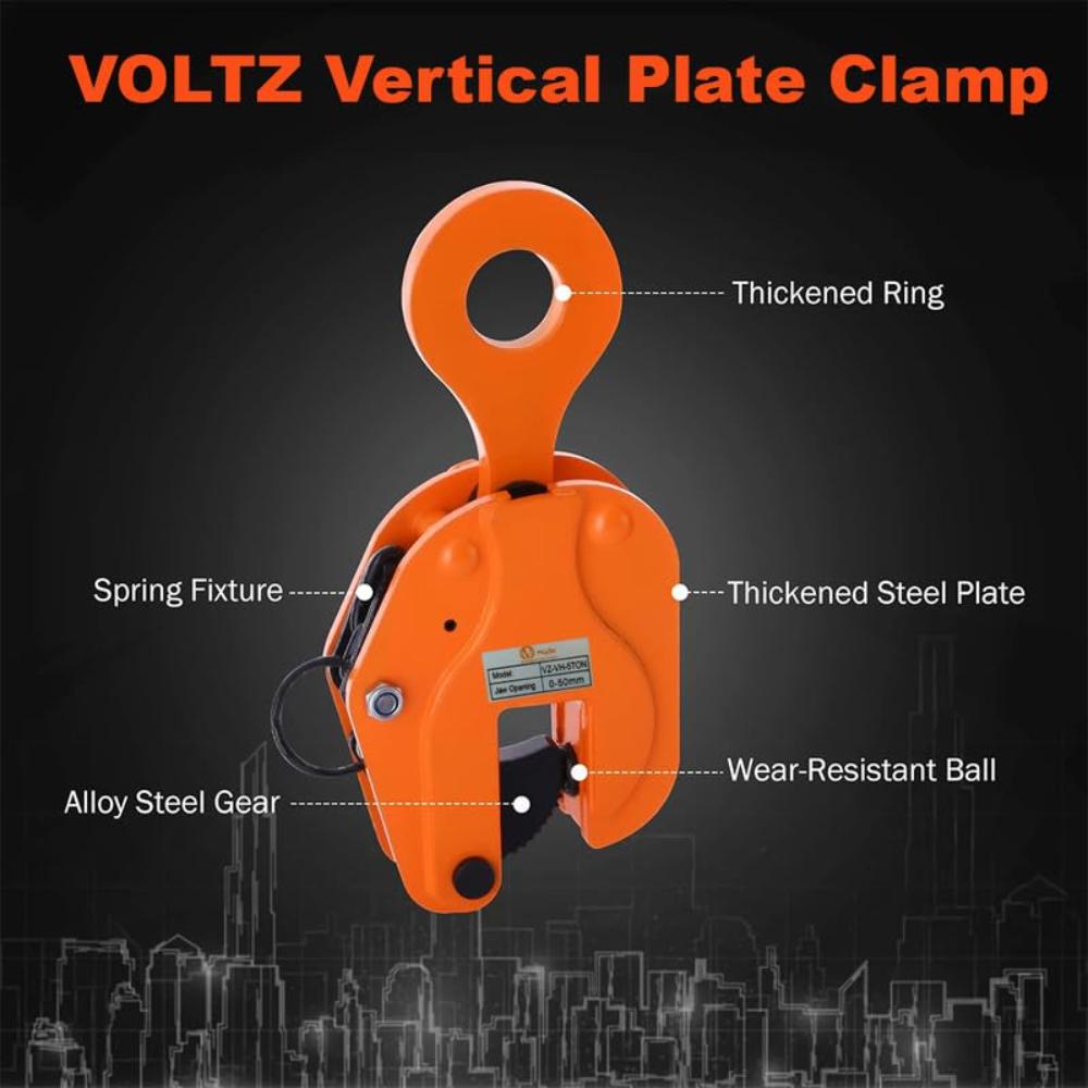 VOLTZ VZ-VH-5Ton Plate Lifting Clamps 0-50mm Jaw Opening, 11000lbs Plate Clamp, 5T Vertical Lifting Hooks for lifting steel plates, Jaw Opening up to 2 inch Welding clamps, for Lifting and Building