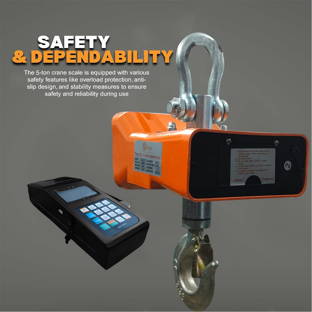 VOLTZ VZ-CS 5 Ton Digital Scale With YTK-1100 Handheld Data Printing Instrument 11000lb/5000Kg Digital Hanging Scale Industrial Heavy Duty Crane Scale with Remote Control