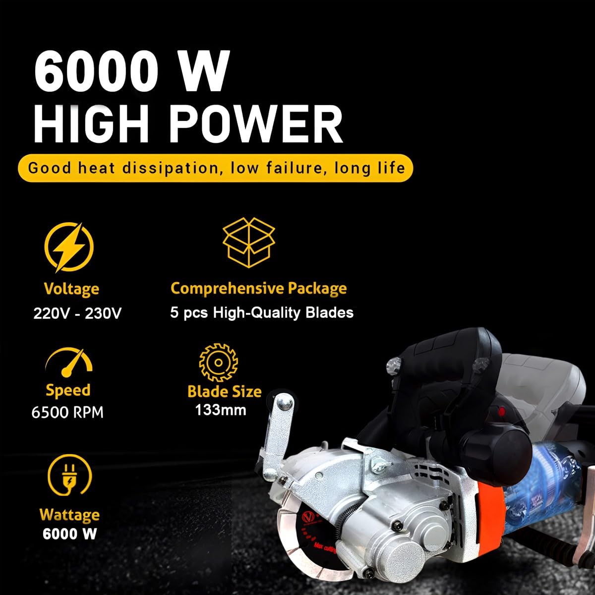 VOLTZ WC-133X Electric wall chaser machine 6000W with 5 Blade groove cutting machine slotting electric wall chaser 220V, 6500RPM marble cutter Machine