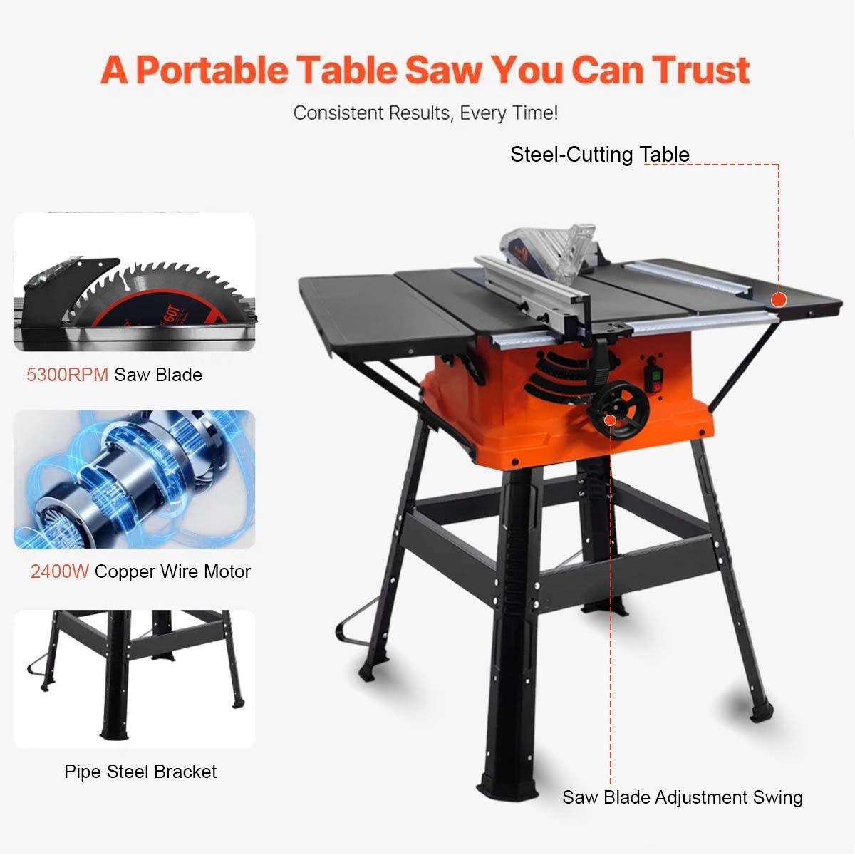 VOLTZ VZ-WTS254 Electric Wood Table Saw 2400W Speed 5300RPM Portable Steel Body With Metal Stand & Sliding Miter Gauge Blade 254mm, 60T Table Saw