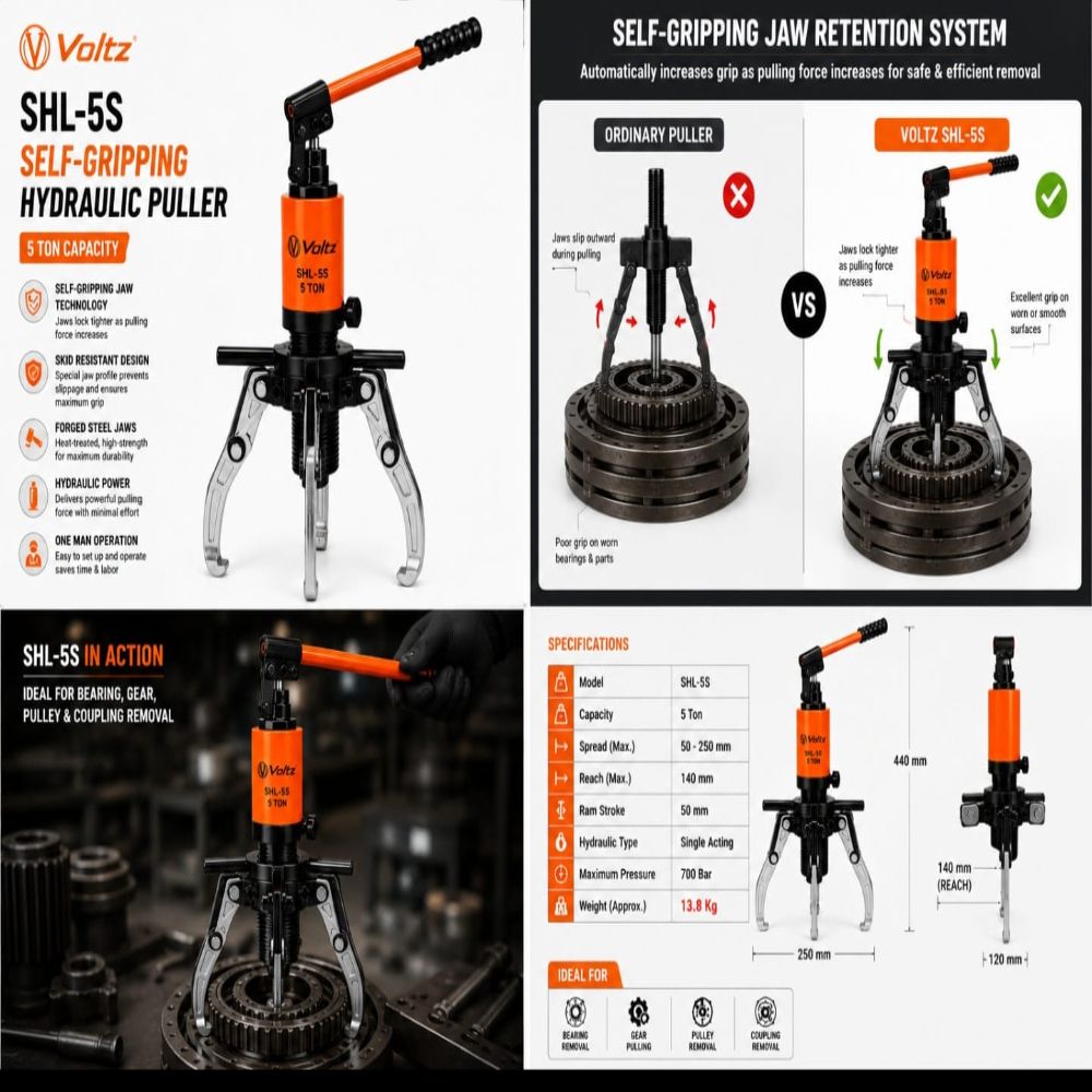 VOLTZ SHL-5S Hydraulic Puller – 5 Ton Bearing, Gear & Pulley Puller