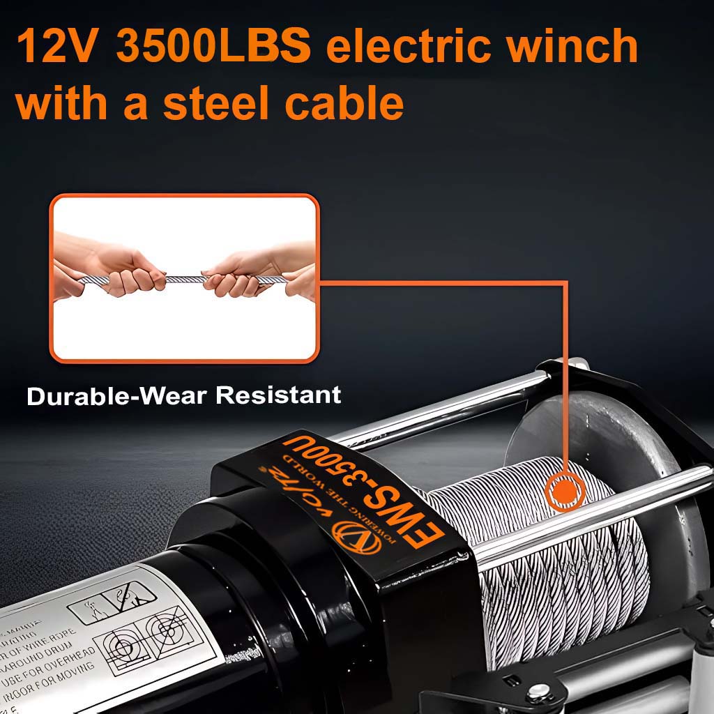 VOLTZ EWS-3500U 12V Electric winch with steel rope (1590kg) single line, battery-operated Remote control winch Cable (10M)/5.3mm alloy steel