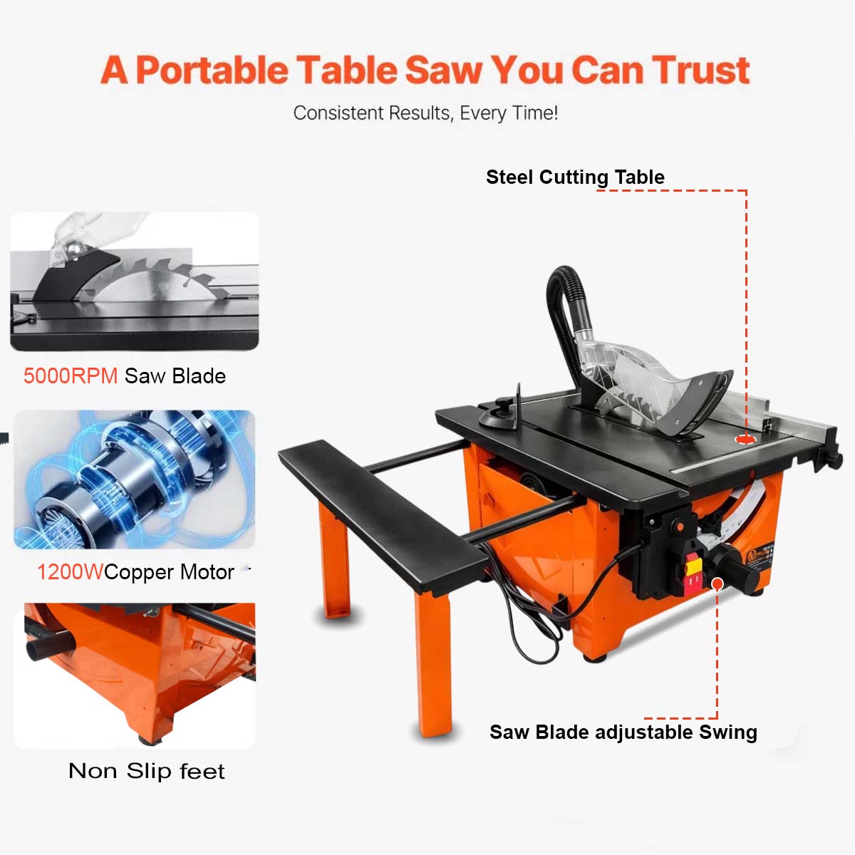 VOLTZ VZ-TS8 1200W Wood Corded Electric Table Saw 5000 Rpm Portable Steel Body Structure With 24 & 60 Teeth Blades Table Saw