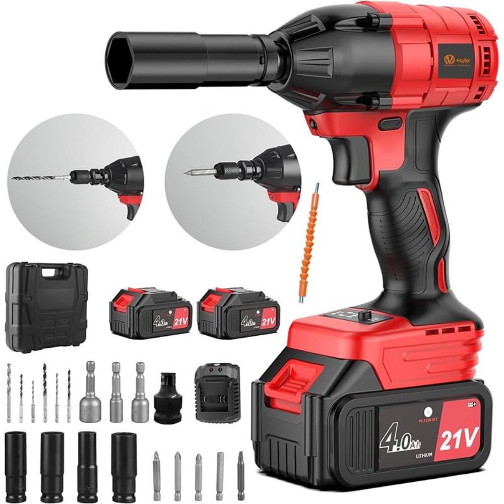 VOLTZ VZ-IW21 Cordless Electric Impact Wrench, 1/2 Inch Impact Gun Max Torque 330 ft lbs (450N.m) with 2x 4.0Ah Battery, Adapter, Fast Charger, 5 Sockets, 8 Drill & 5 Screwdriver for Car Home