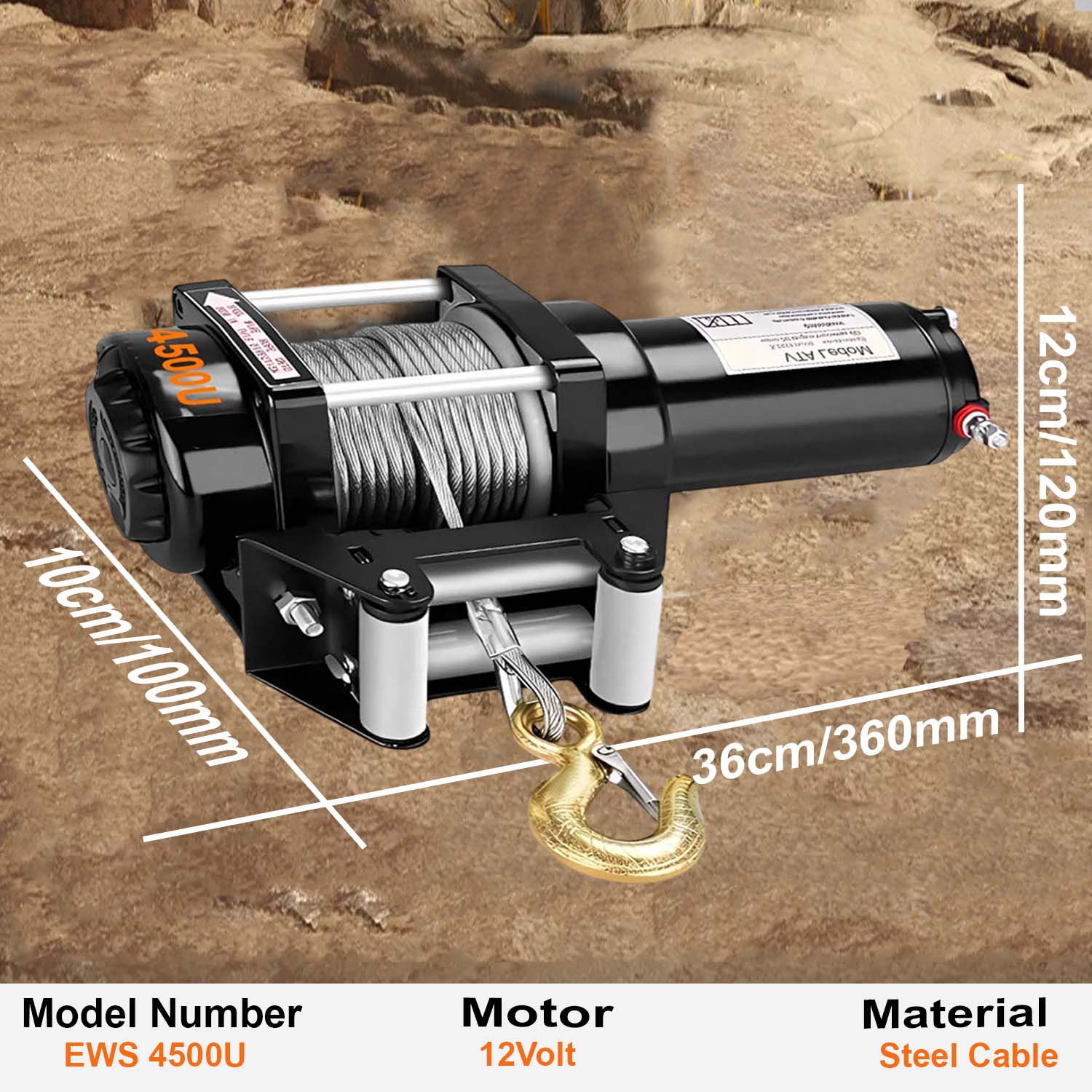 VOLTZ VZ-4500LBS 12V Electric winch with steel rope (2041kg) single line, battery-operated Remote control Cable (10M)/5.3mm alloy steel