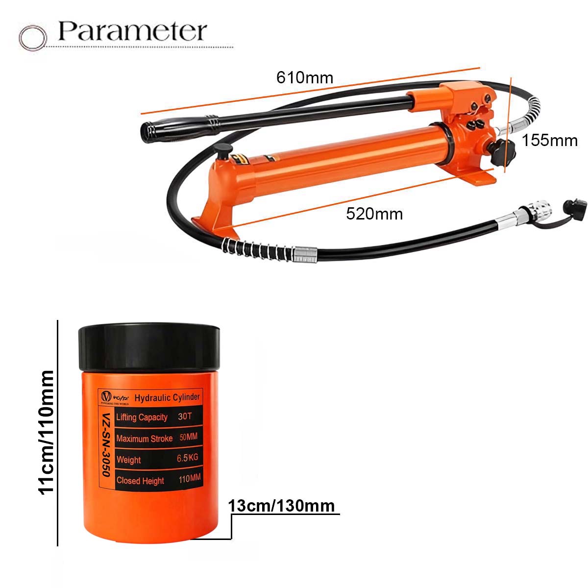 VOLTZ VZ-SN-3050 Hydraulic Lifting Jack with CP-700 Hydraulic Pump Single Acting Lock Nut lifting Stroke 50MM Lift Cylinder Jack Solid 10TON (2inch)