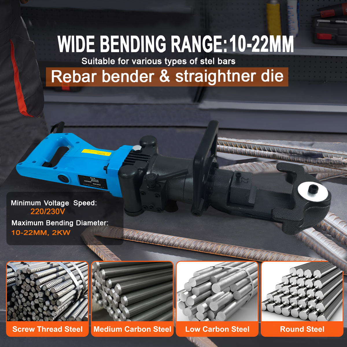 VOLTZ RB-22 Hydraulic Rebar Benders & Straightener 220V 1300W 10-22 MM Hand Hold Portable Rebar Bender, Bar Bending Machine for Rebar, Steel Bar, Steel Rod